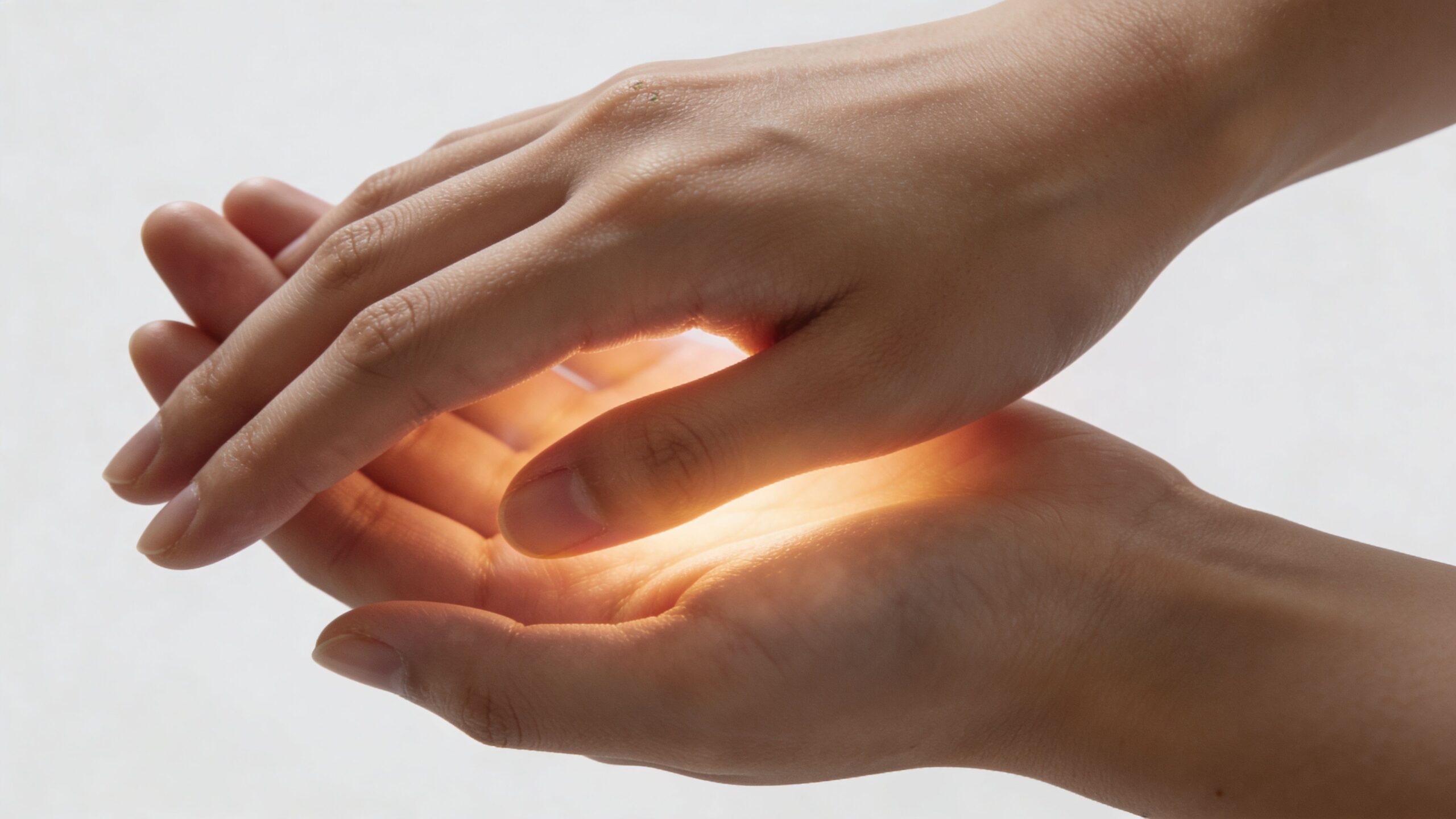 A pair of human hands cupped together with a soft, warm, glowing light emanating from within them.