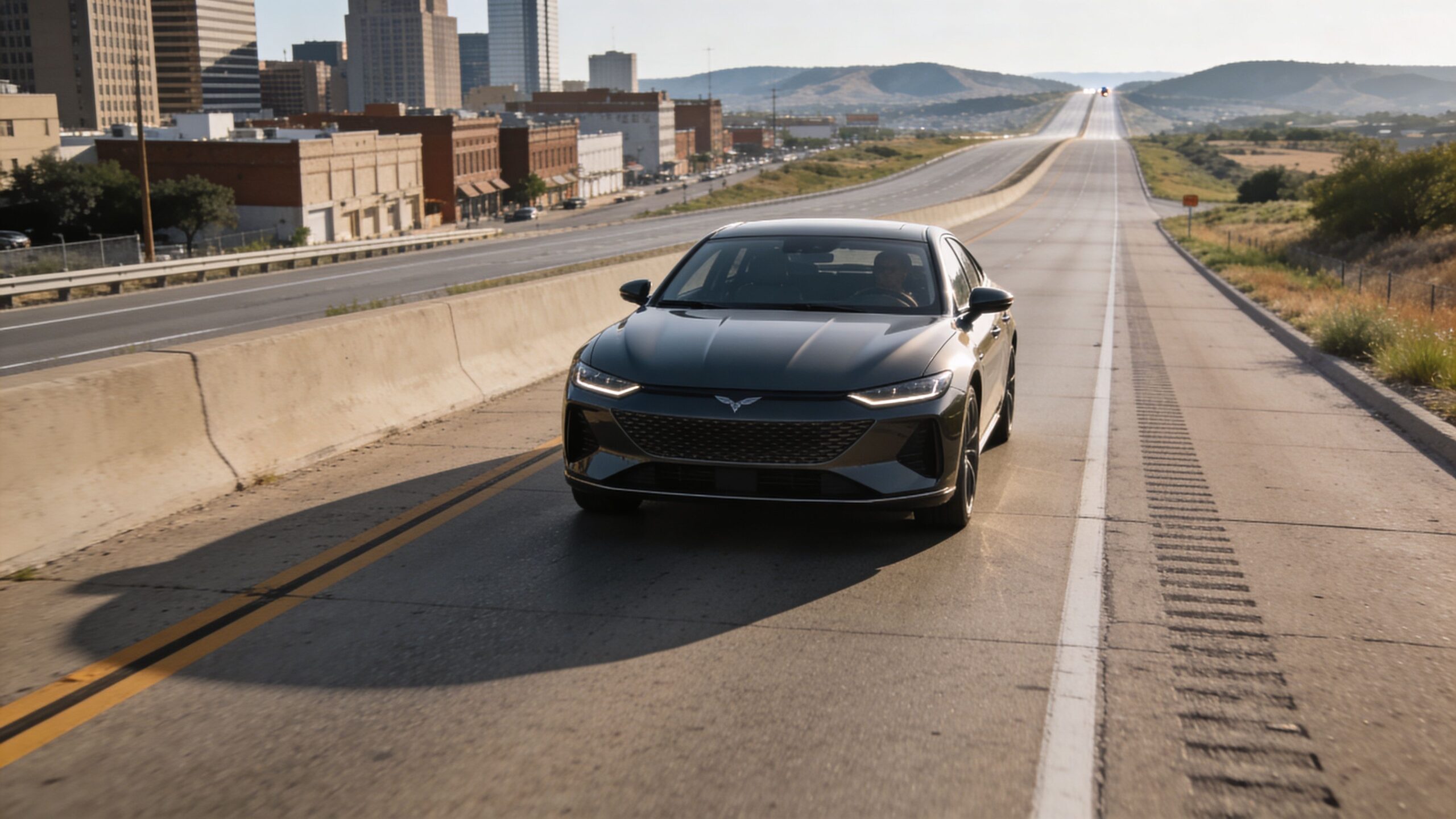 A modern grey sedan driving down an open highway with a city skyline in the background.