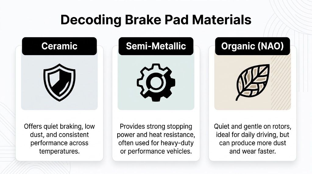A comparison chart explaining the properties of ceramic, semi-metallic, and organic brake pad materials for vehicles.