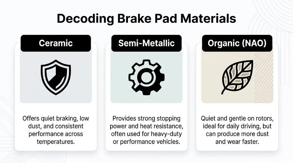 A comparison chart explaining the properties of ceramic, semi-metallic, and organic brake pad materials for vehicles.