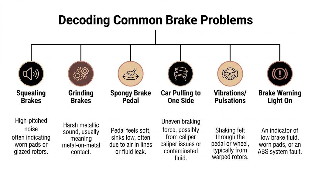 An infographic titled Decoding Common Brake Problems listing symptoms like squealing, grinding, and warning lights.