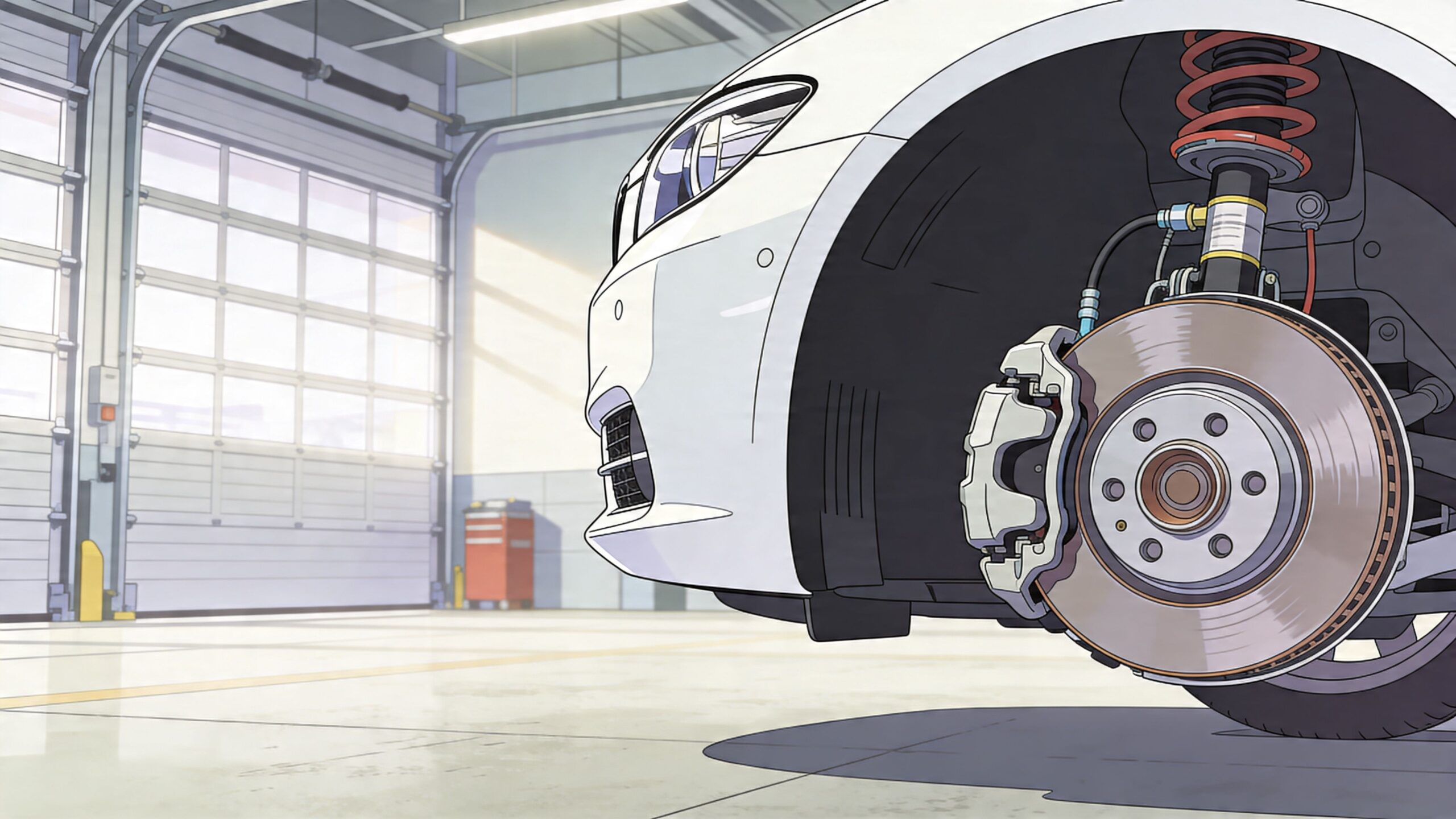 A close-up view of a car's front wheel assembly showing the brake rotor and suspension system inside a garage.