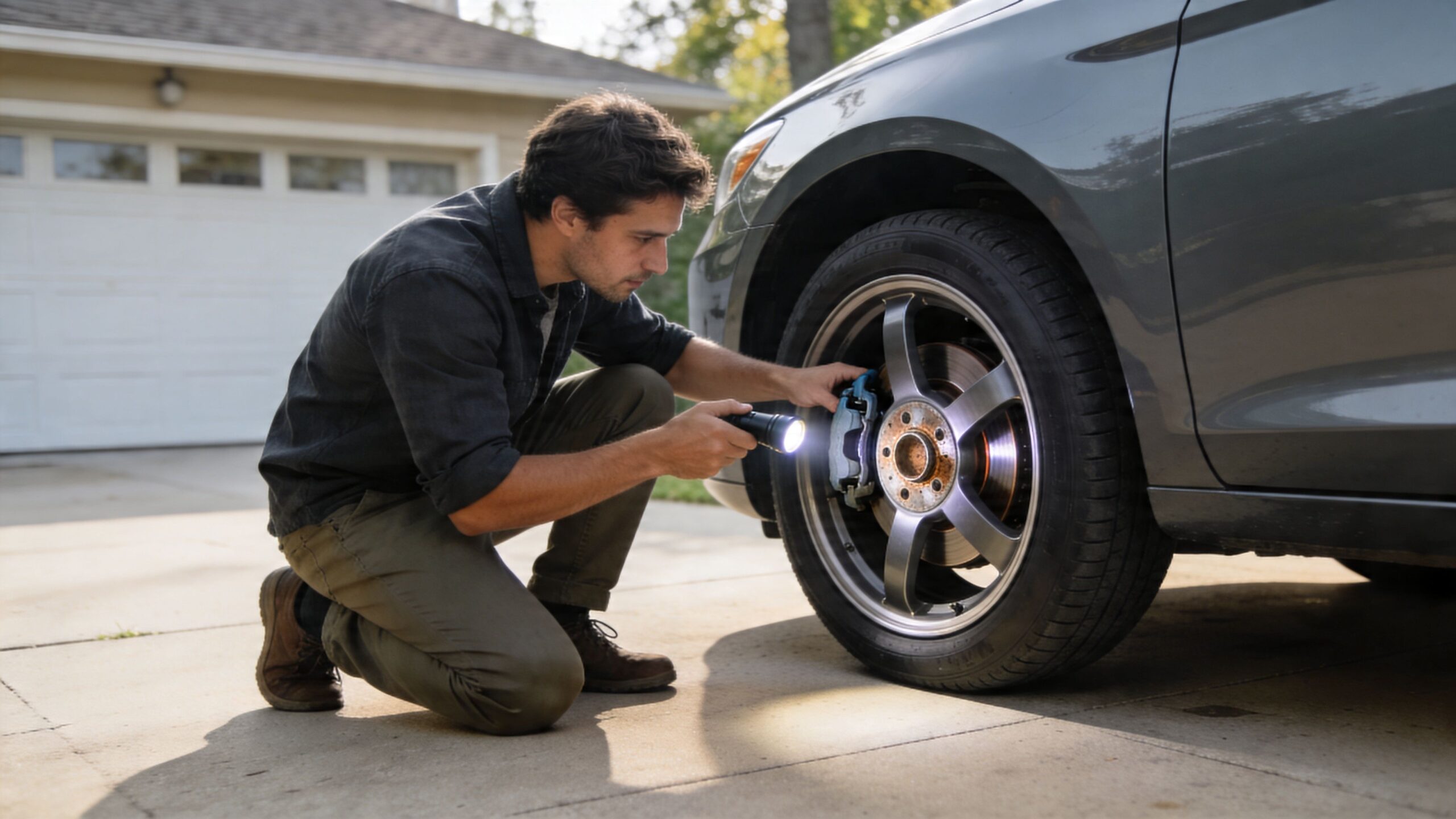 A focused man inspects the brake assembly of his car wheel using a bright handheld flashlight