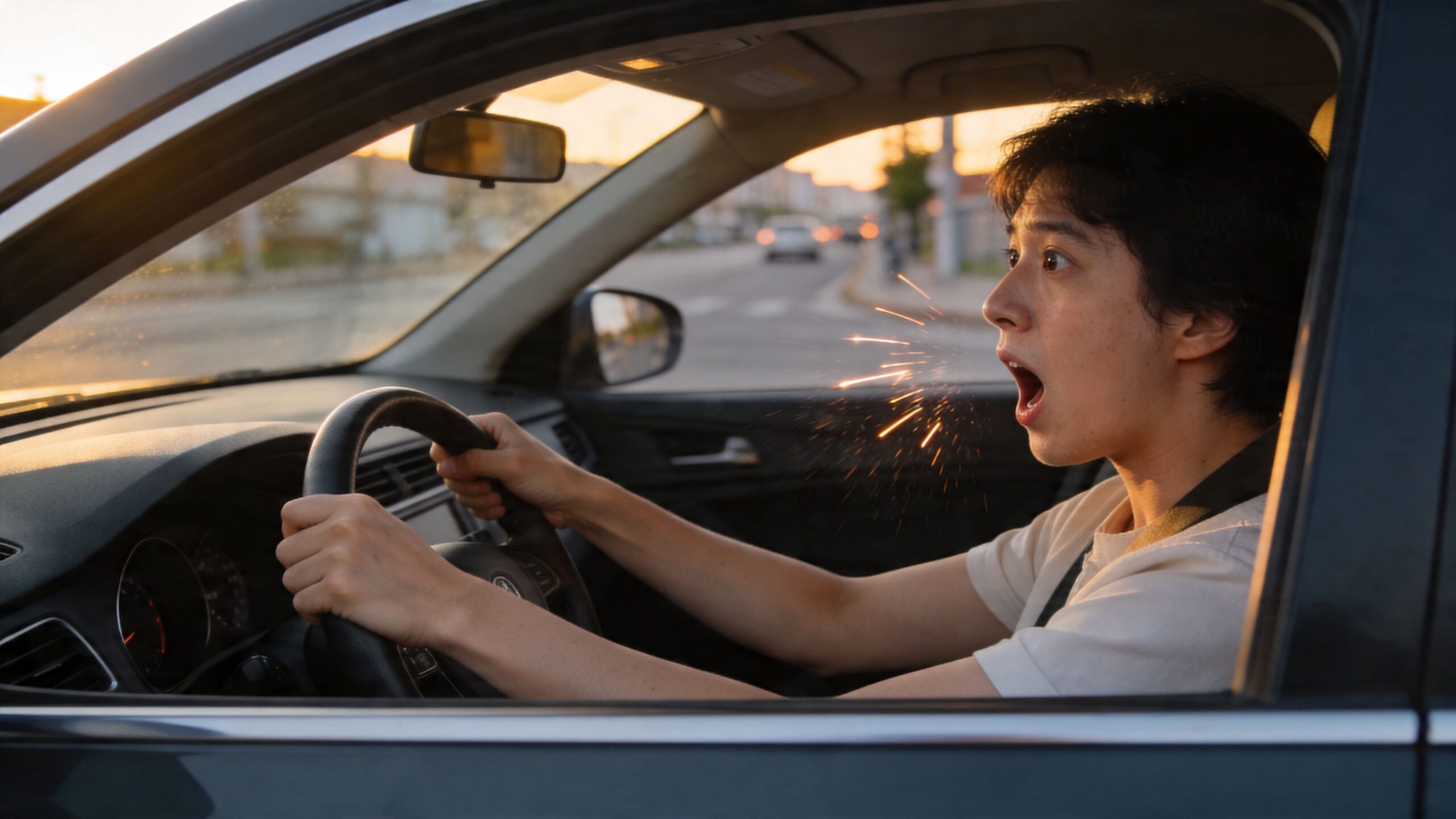 A young driver reacting with extreme surprise and shock while holding the steering wheel inside a car.