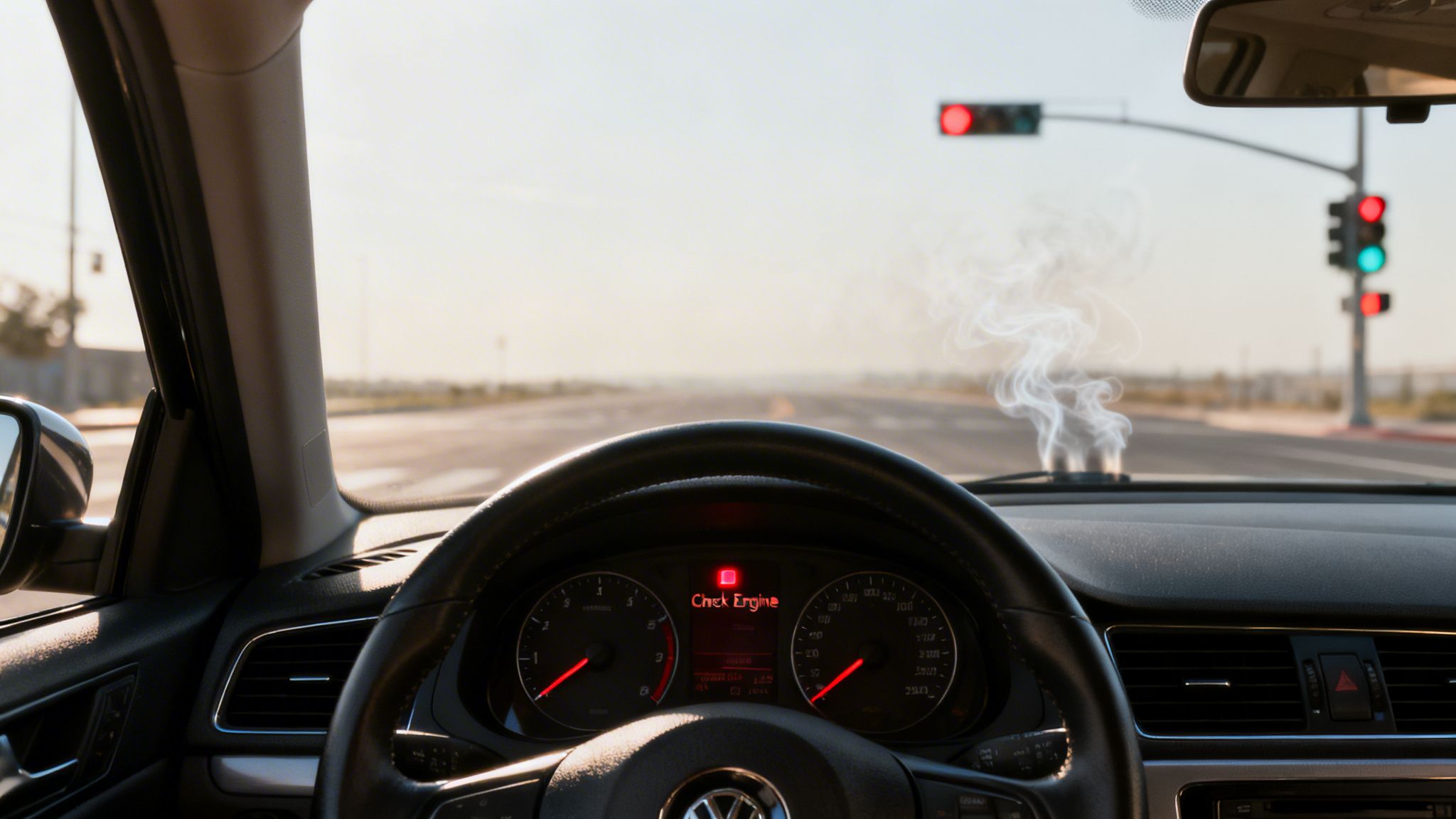 Car dashboard showing illuminated 'Check Engine' light and smoke rising while stopped at red light.