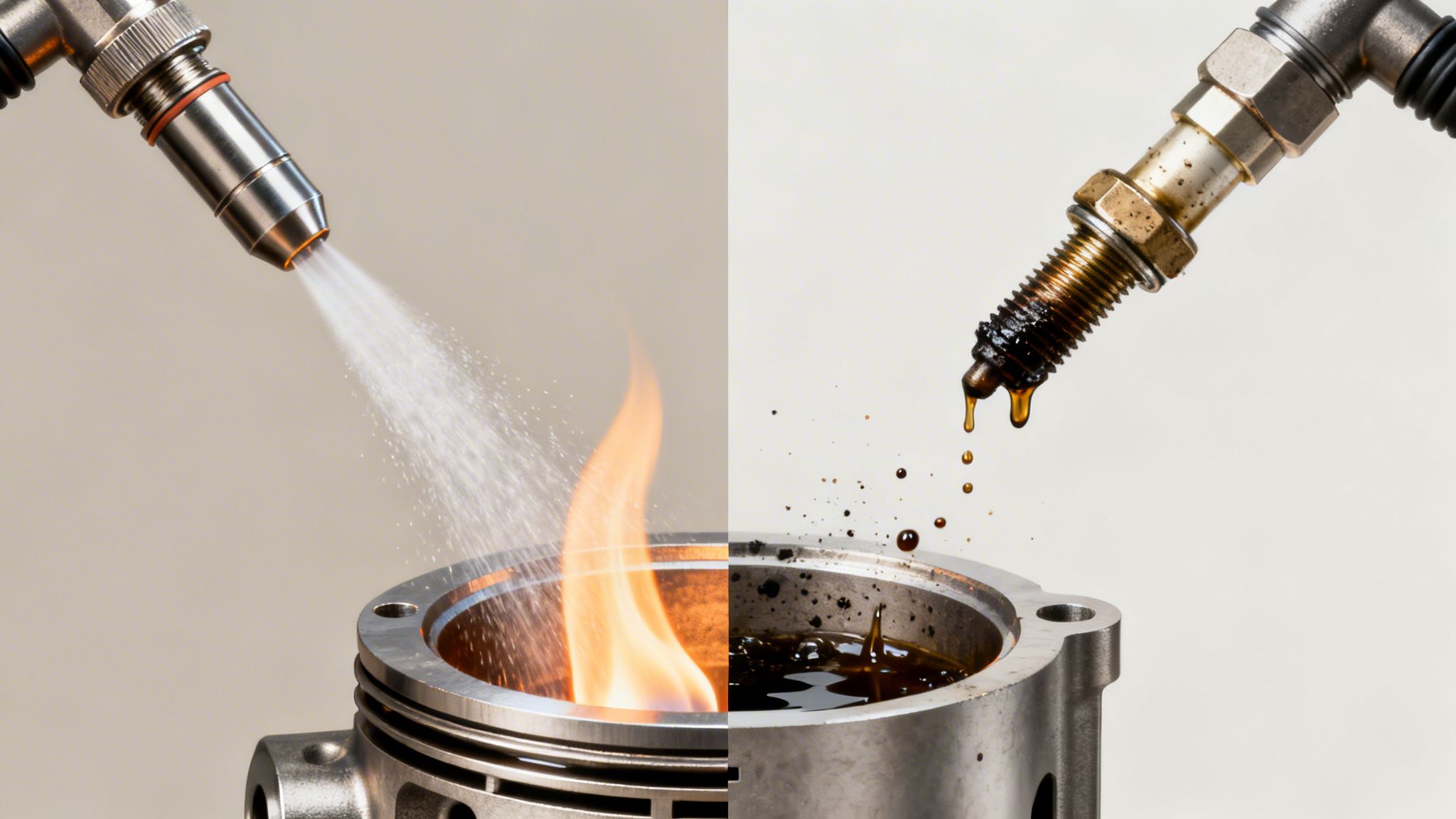 Split image showing a clean fuel injector spraying into a flame and a fouled spark plug dripping oil.