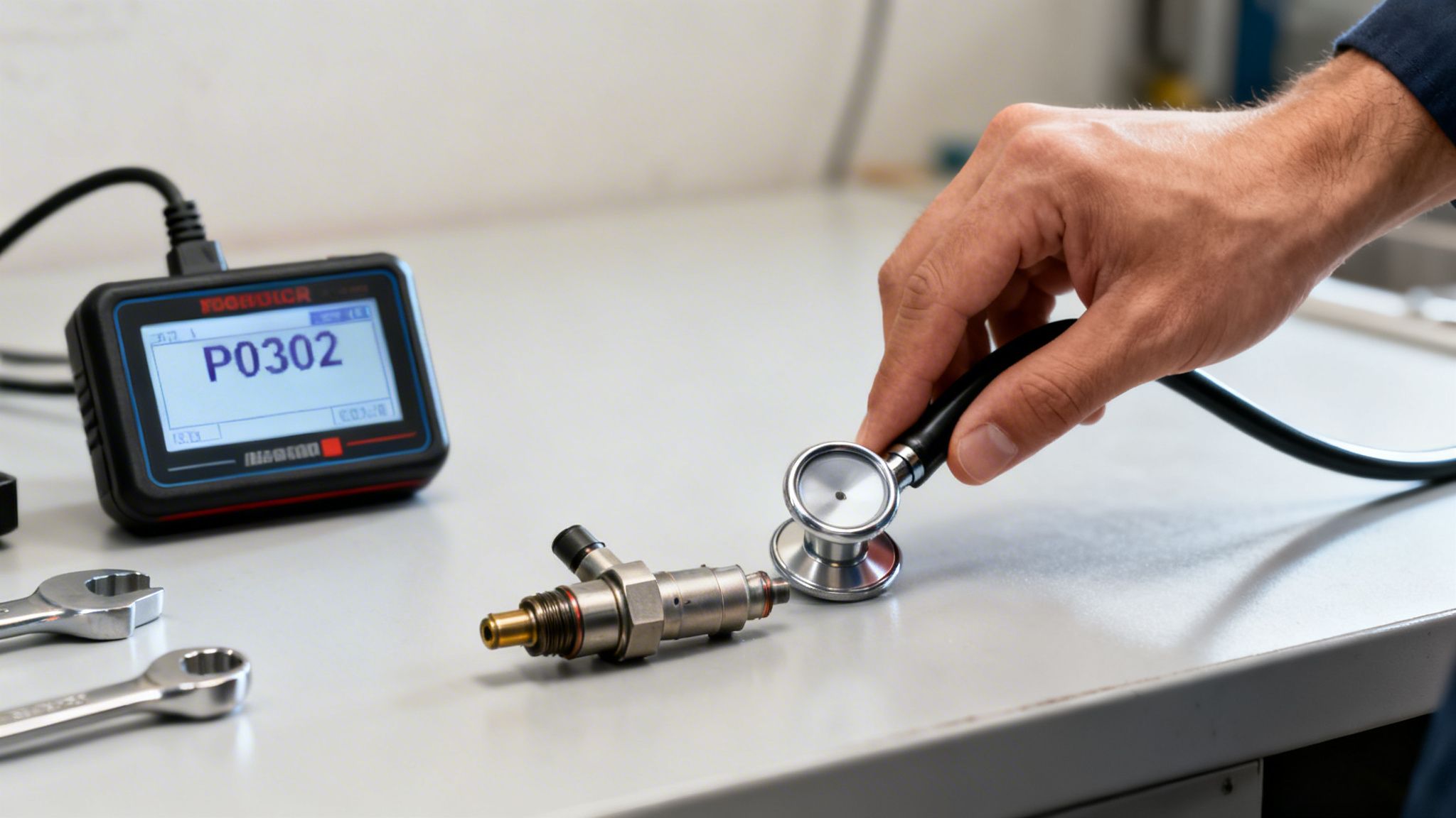 A mechanic diagnoses a fuel injector with a stethoscope next to an OBD-II scanner showing P0302.