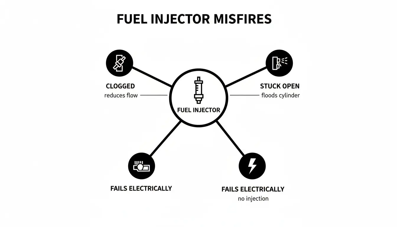 Diagram illustrating common causes of fuel injector misfires: clogged, stuck open, and electrical failures.
