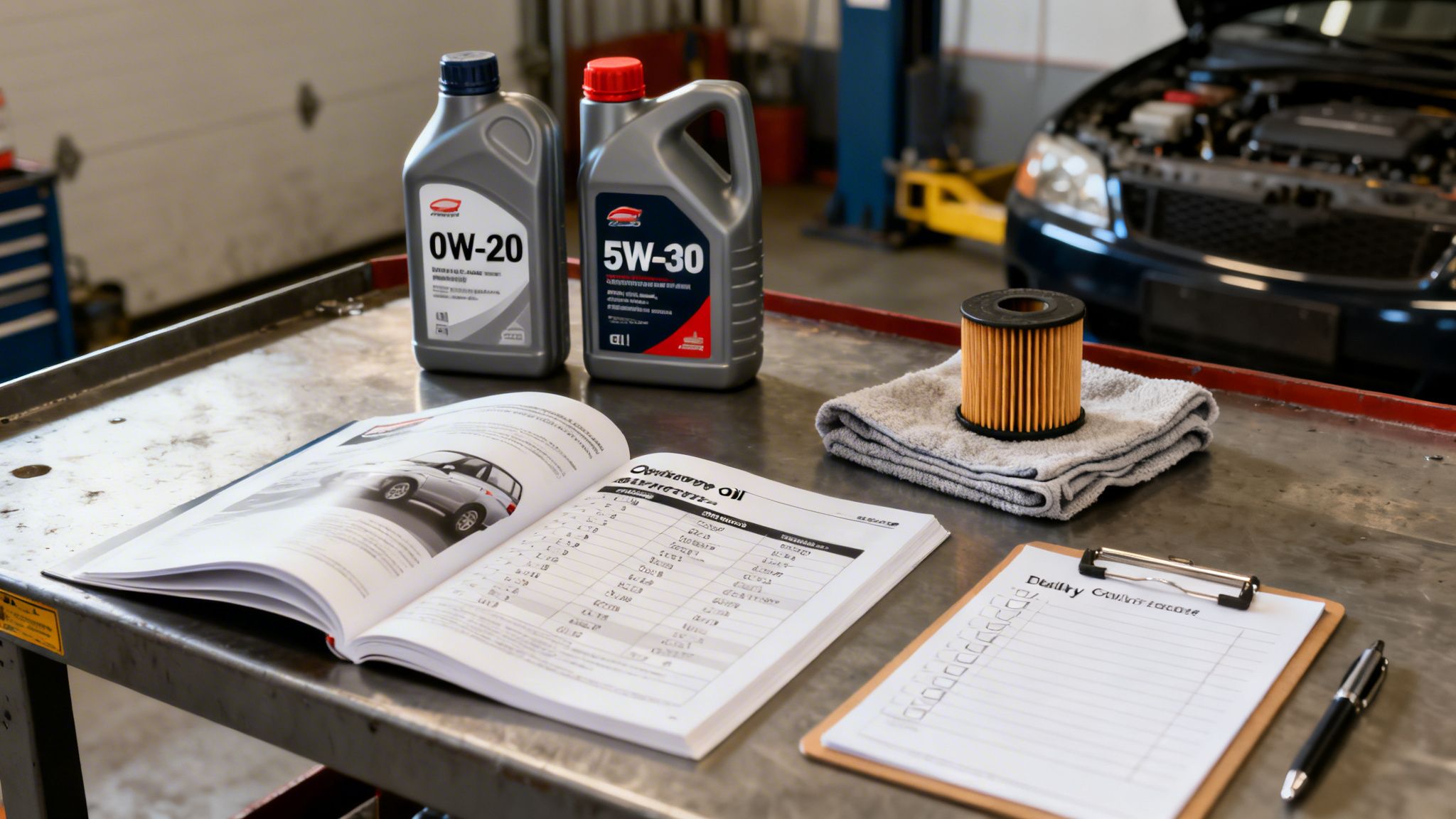 Car maintenance supplies on a workbench, including engine oils, an oil filter, a manual, and a checklist.