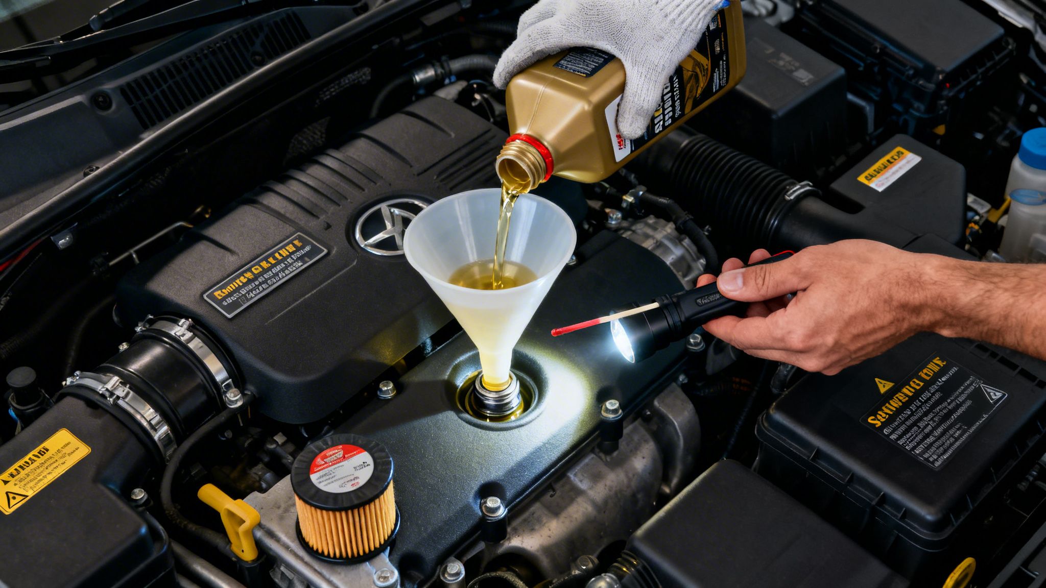 Mechanic pours fresh engine oil into a car engine using a funnel and flashlight during routine maintenance.