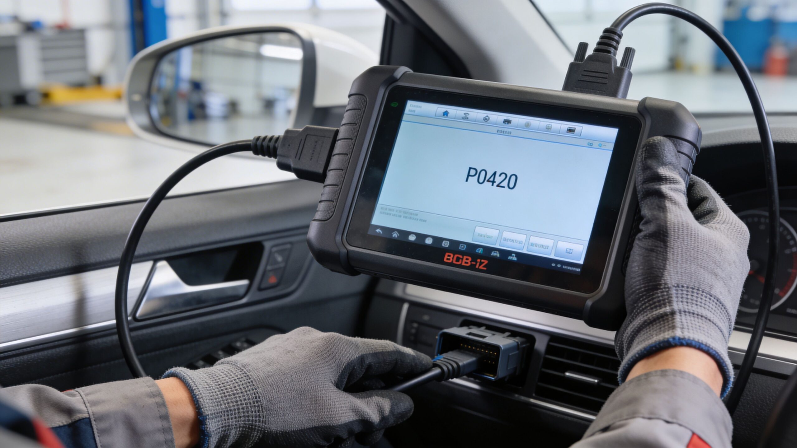A mechanic in work gloves uses an OBD-II diagnostic scanner to check an error code on a car.