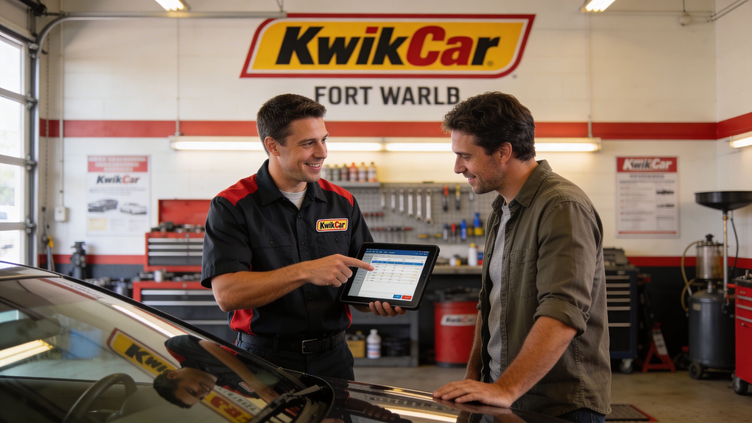 A professional mechanic explains car service results on a digital tablet to a customer in a garage.