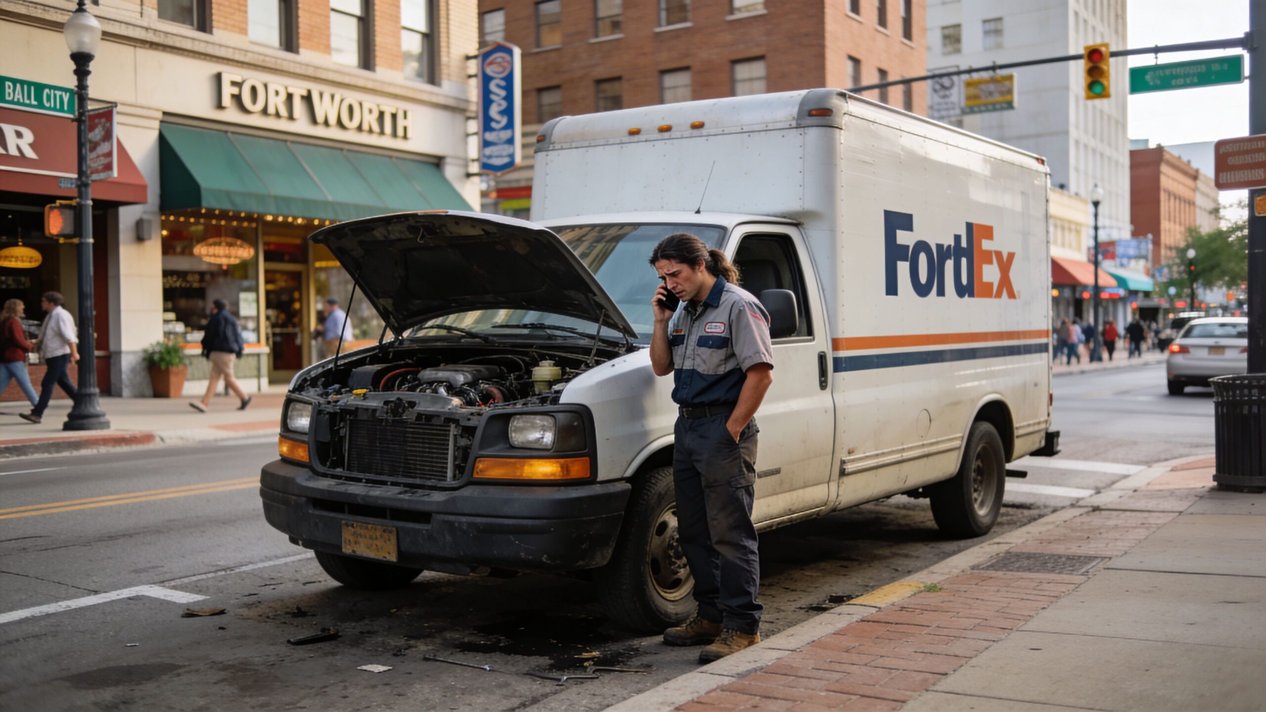 A delivery driver stands beside his broken down FortEx van with the hood open, making a phone call.