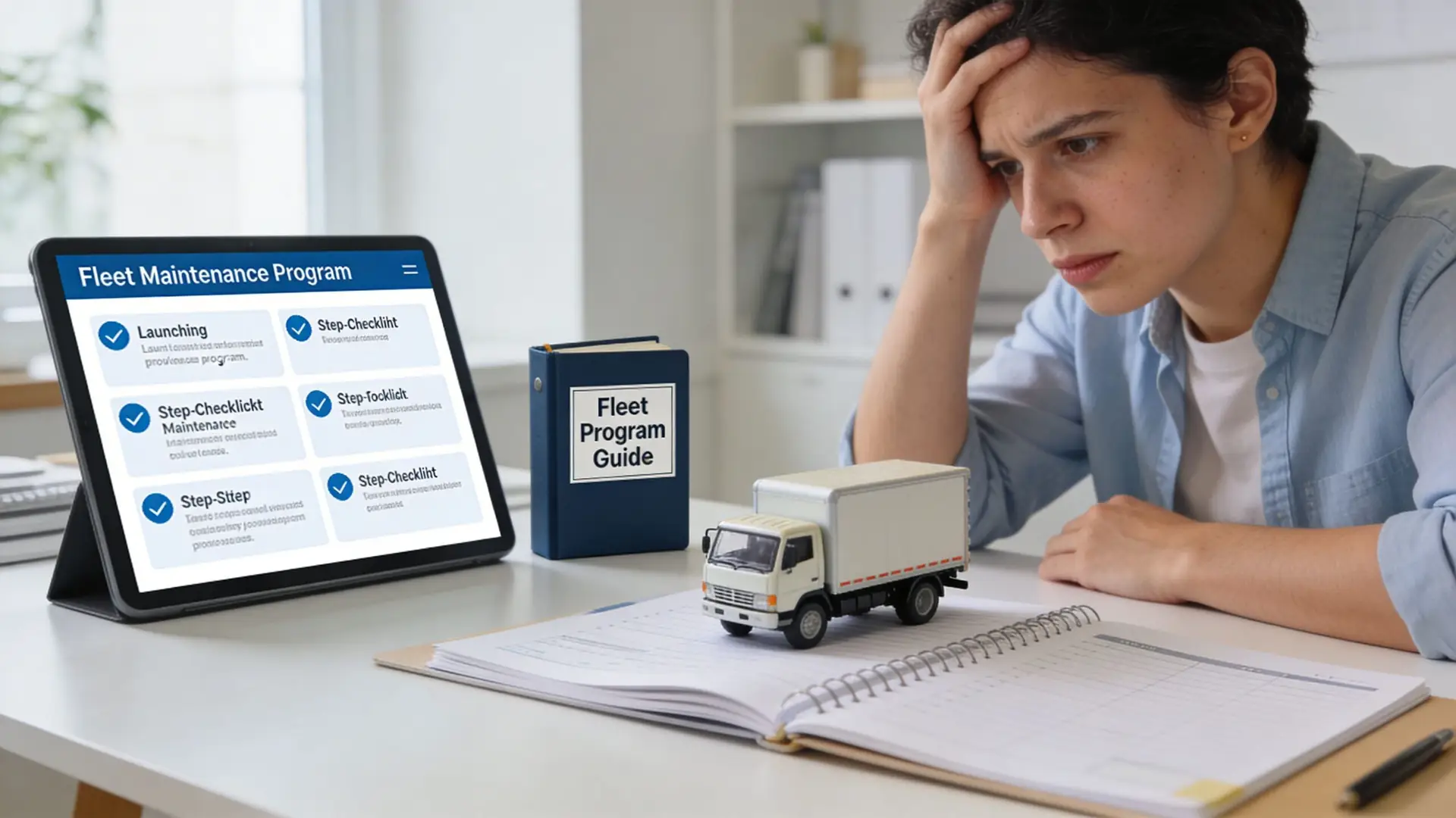 A person looks stressed while working at a desk with a fleet vehicle maintenance program guide.