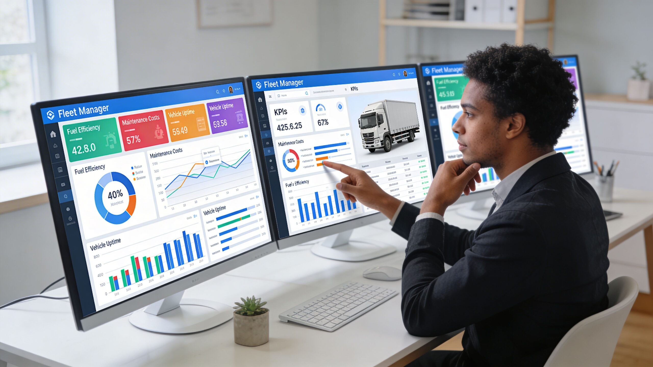 A professional man analyzing fleet vehicle maintenance data on multiple computer screens in a modern office.