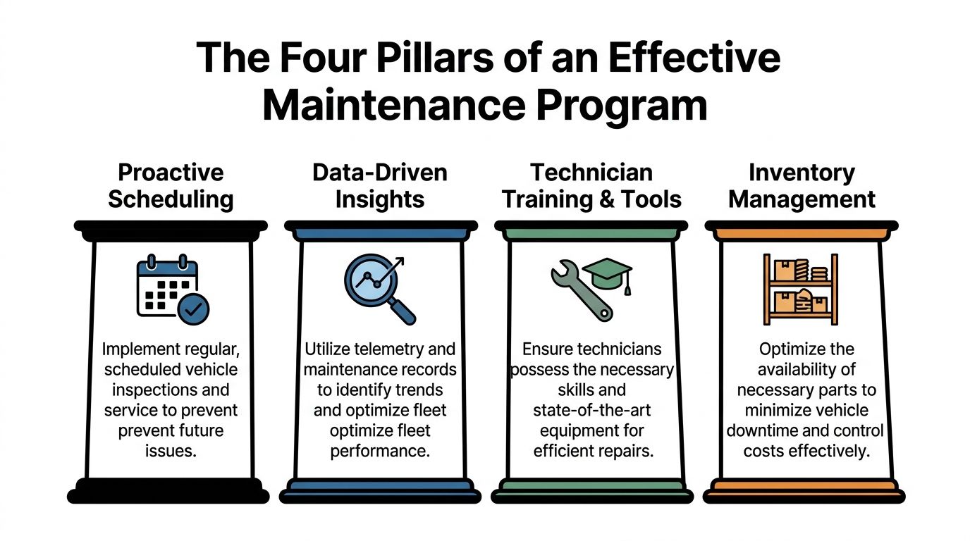 A diagram illustrating the four pillars of an effective maintenance program for fleet vehicles.