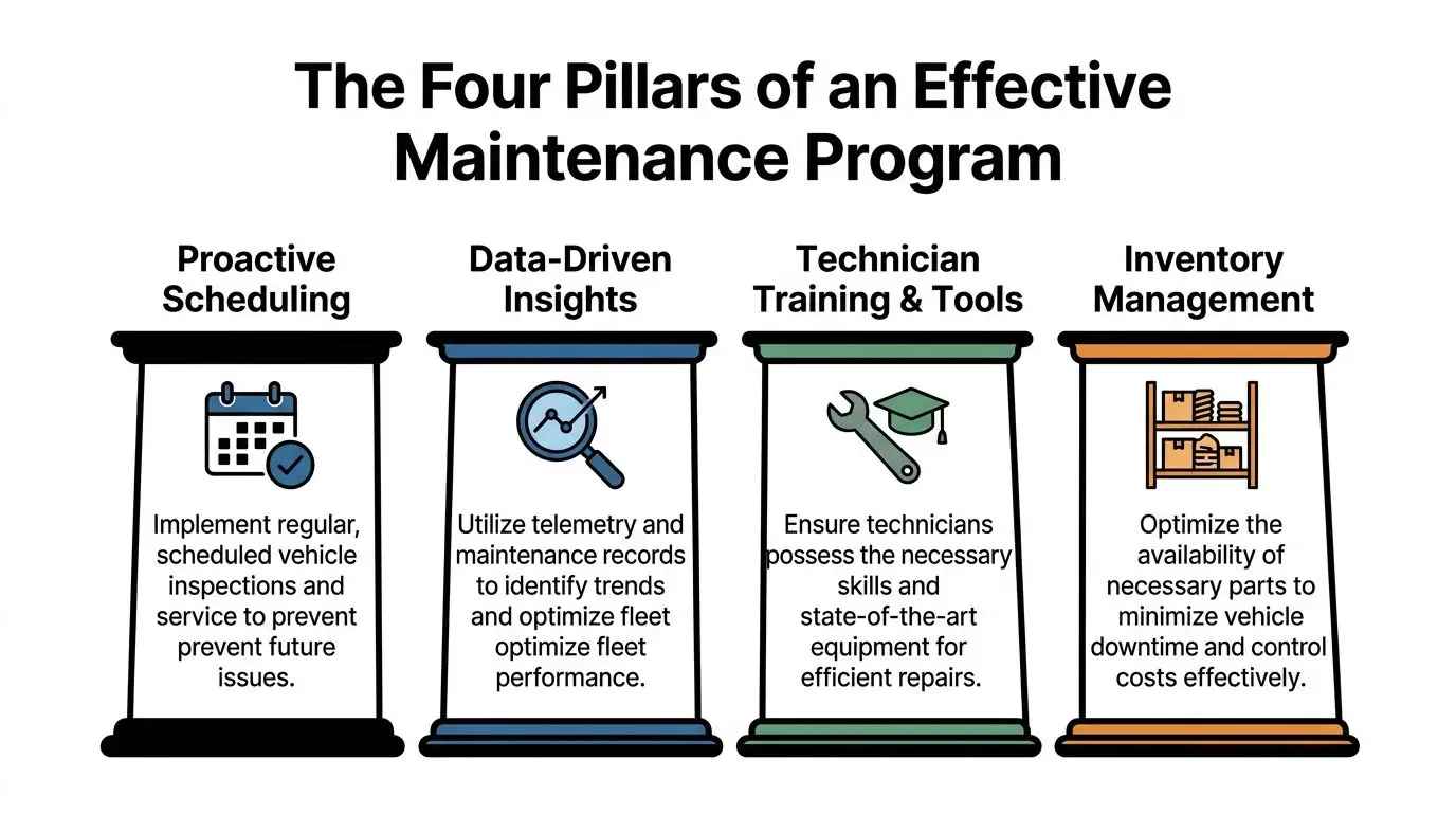 A diagram illustrating the four pillars of an effective maintenance program for fleet vehicles.
