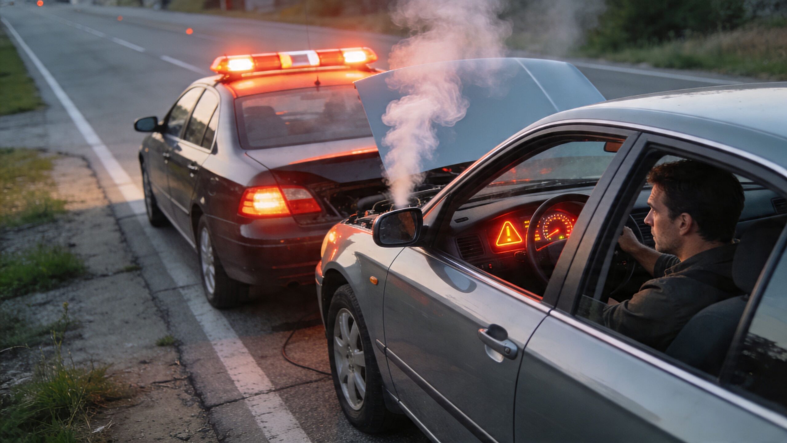 A man sits in his broken-down silver car with smoke rising from under the open hood.