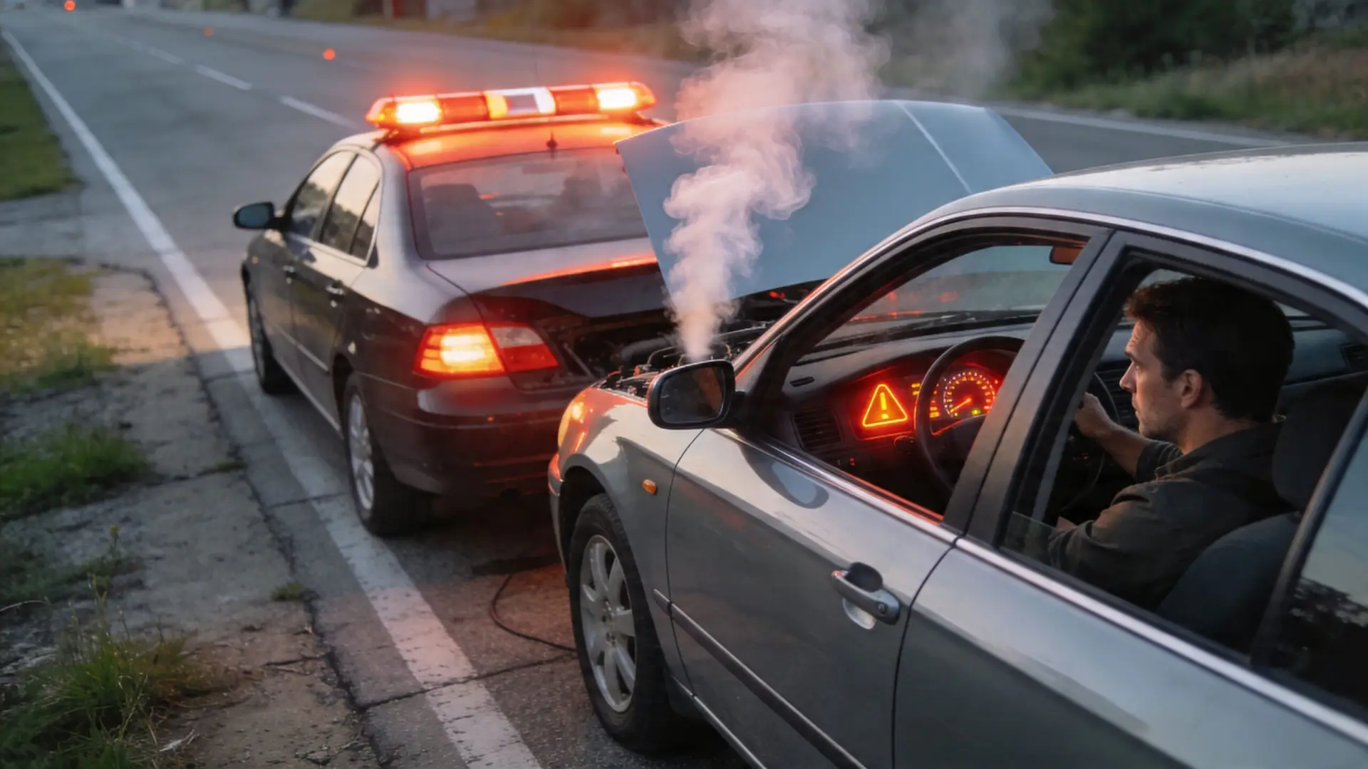 A man sits in his broken-down silver car with smoke rising from under the open hood.