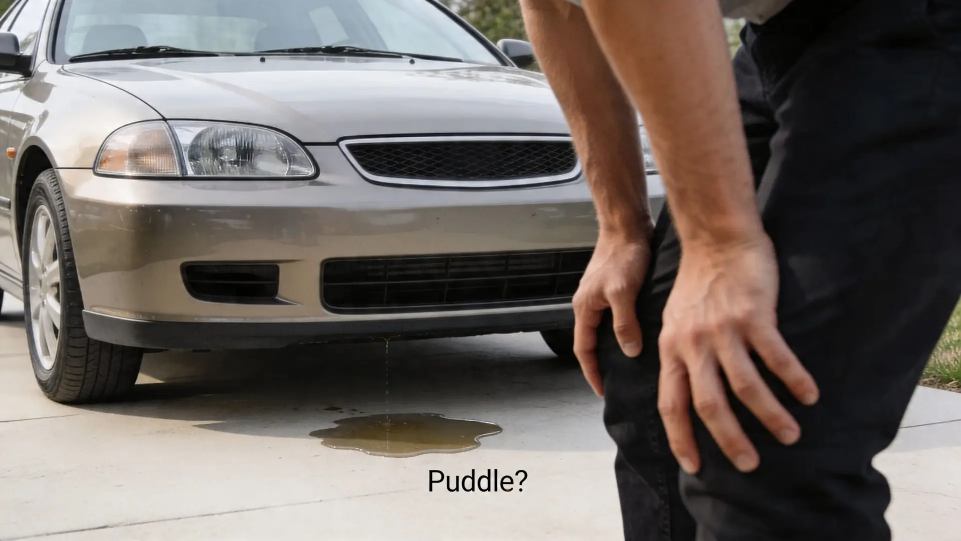A frustrated person standing next to a car with an active fluid leak pooling on the driveway