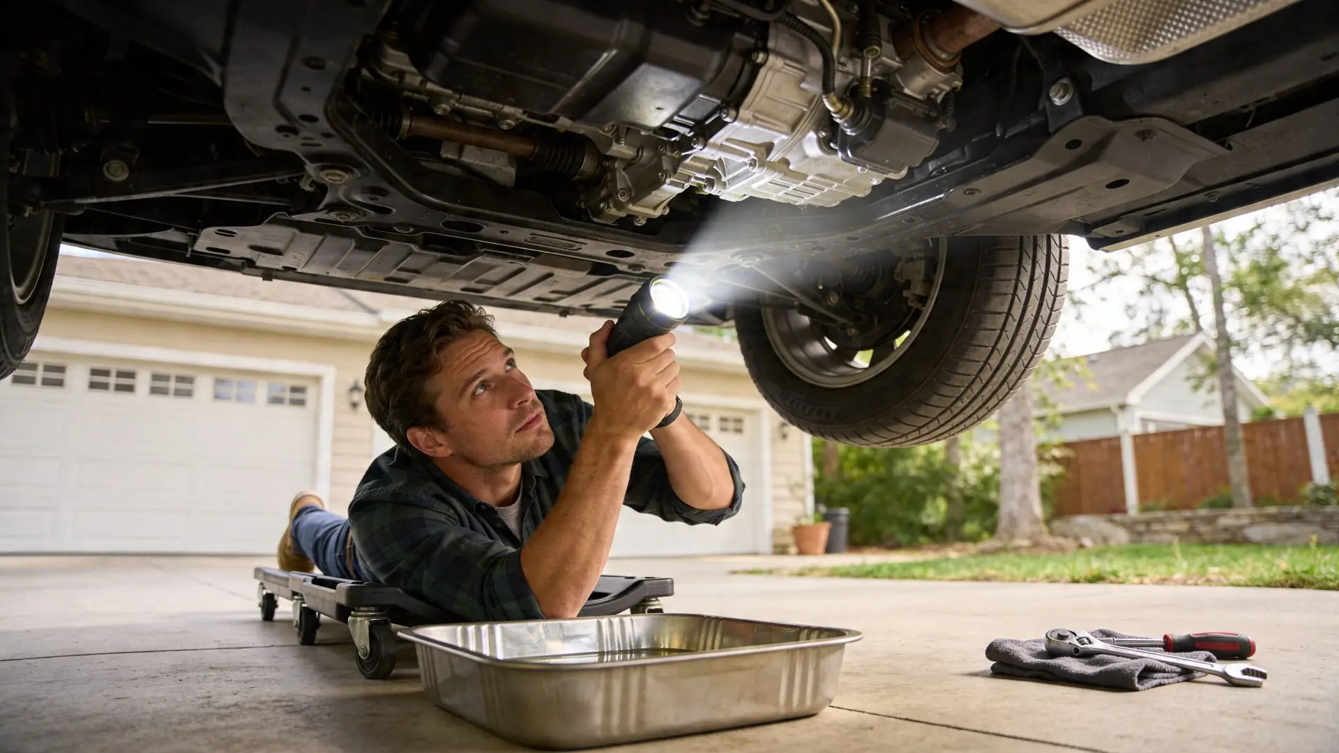 A man lying on a mechanic creeper under a car using a flashlight to inspect for fluid leaks.