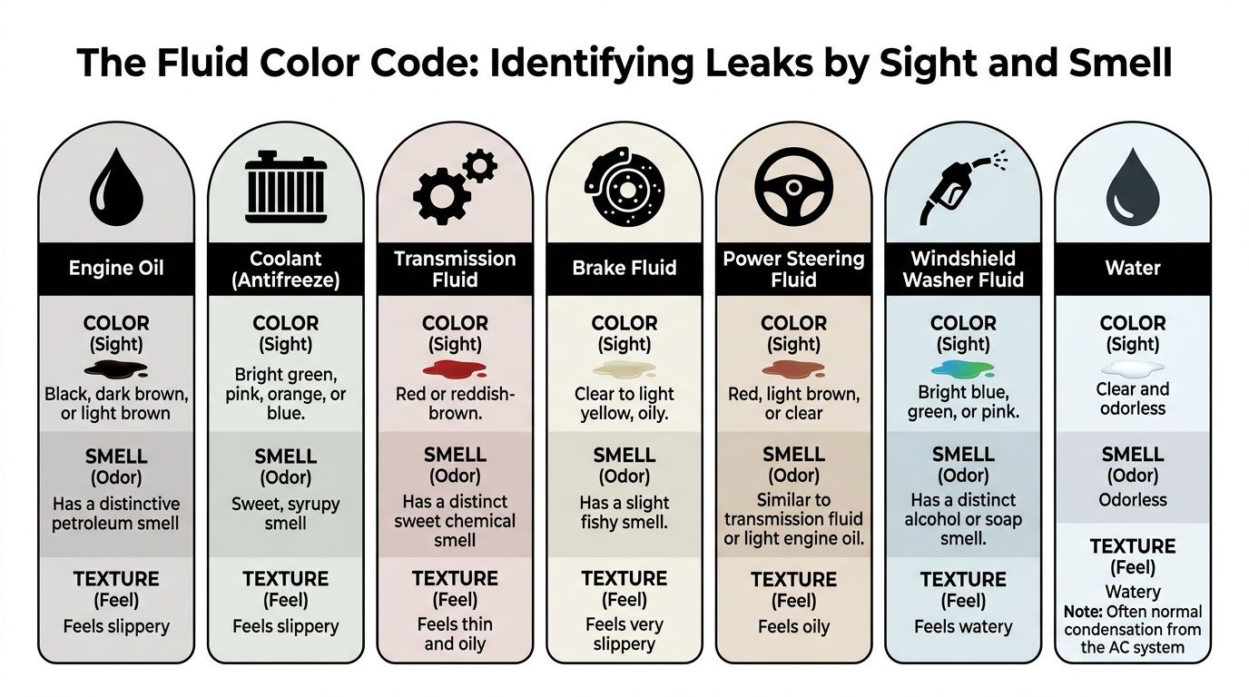 A color-coded chart explaining how to identify various car leaks by sight, smell, and texture.