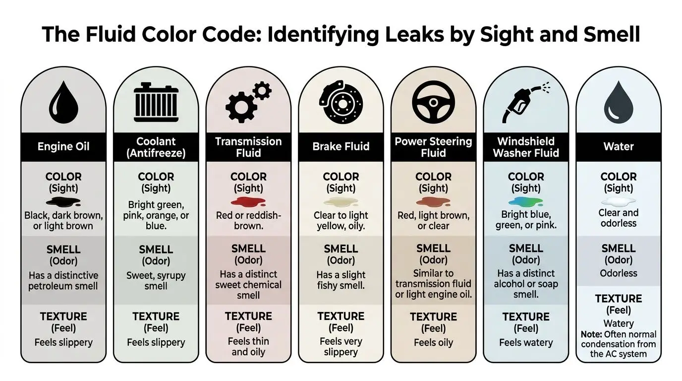A color-coded chart explaining how to identify various car leaks by sight, smell, and texture.
