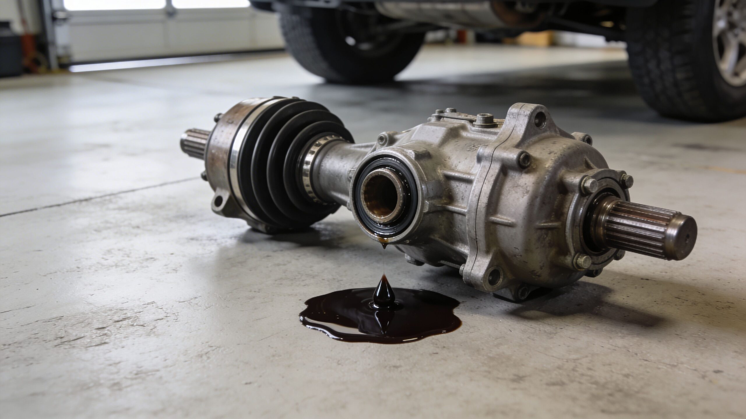 A removed vehicle differential part rests on a garage floor with dark oil leaking from it.