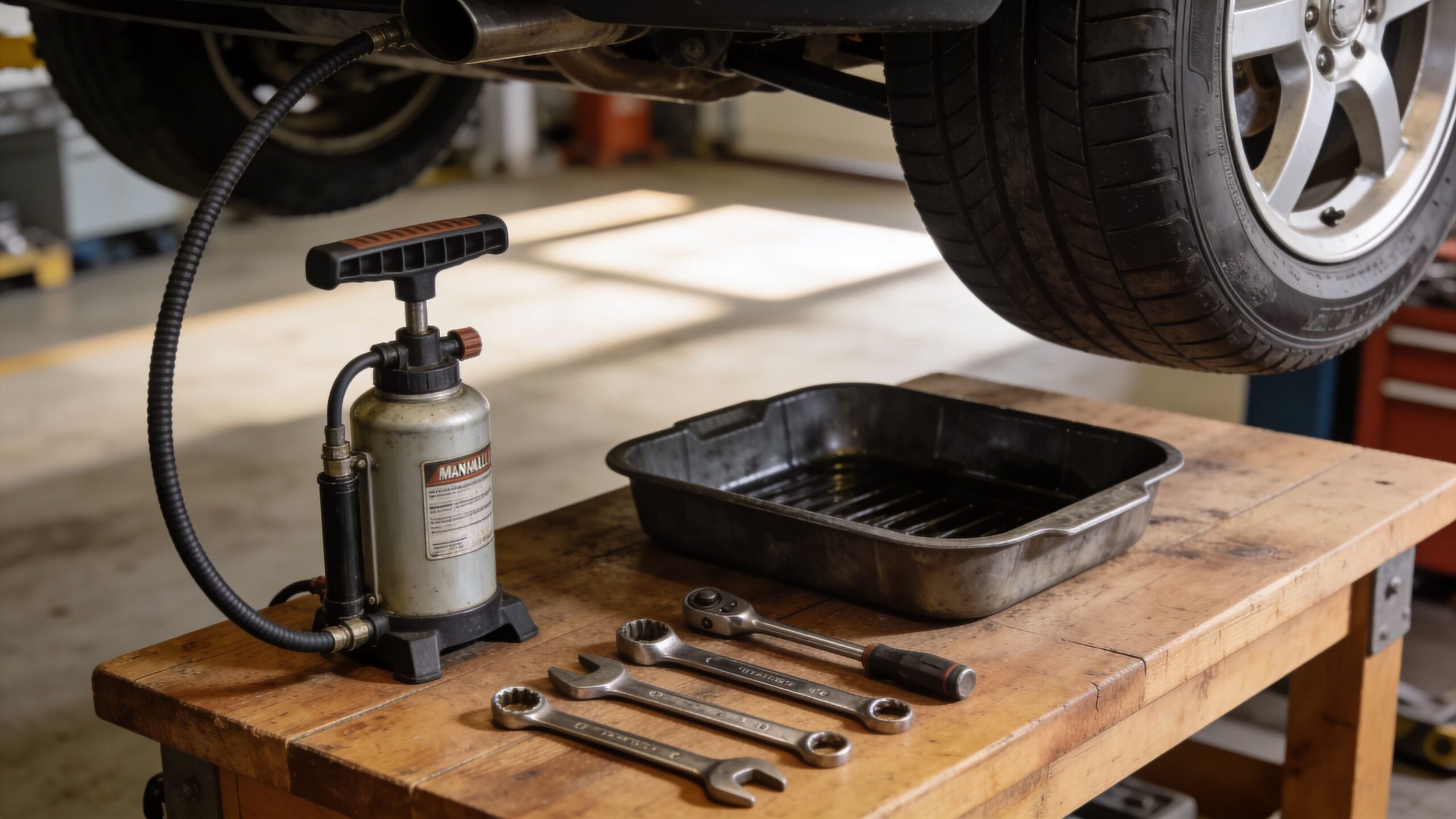 A manual oil pump and various mechanic wrenches sit on a wooden workbench under a lifted car.