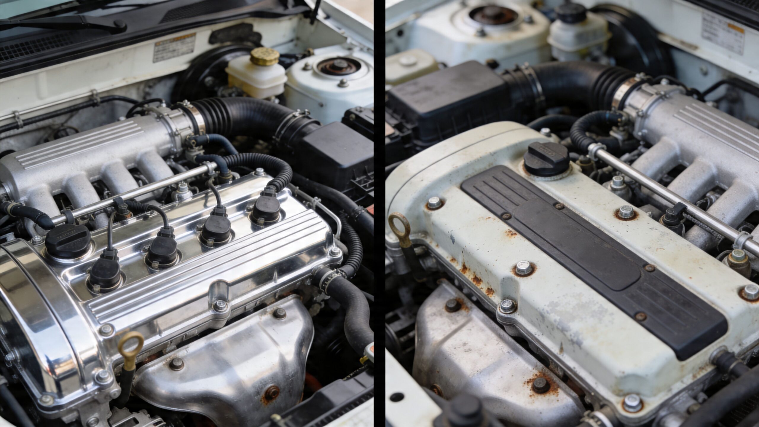 A split image comparing a shiny chrome-plated car engine cover and a weathered, rusted engine cover.