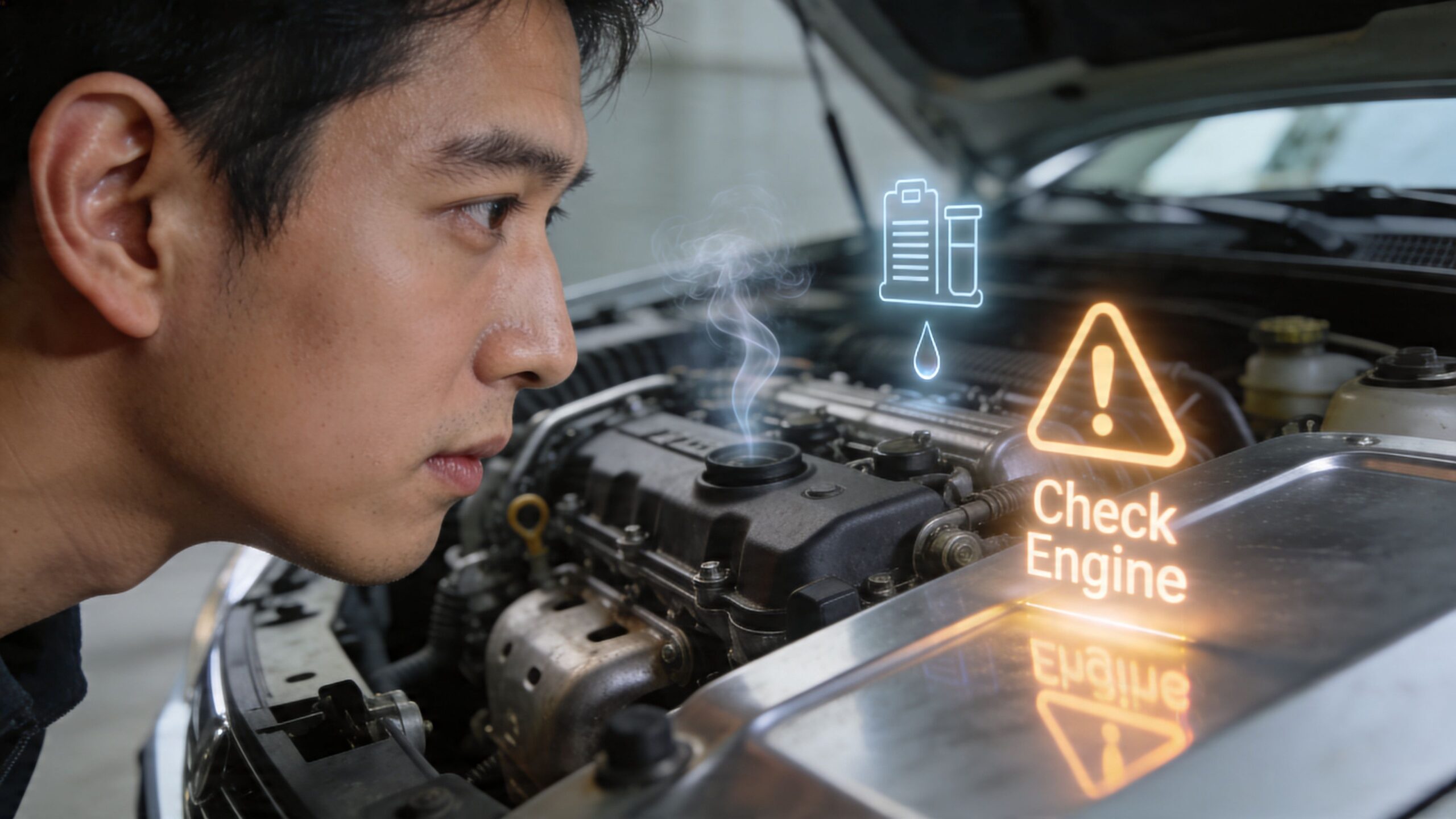 A concerned mechanic inspecting an overheating car engine with digital warning icons hovering above the vehicle.