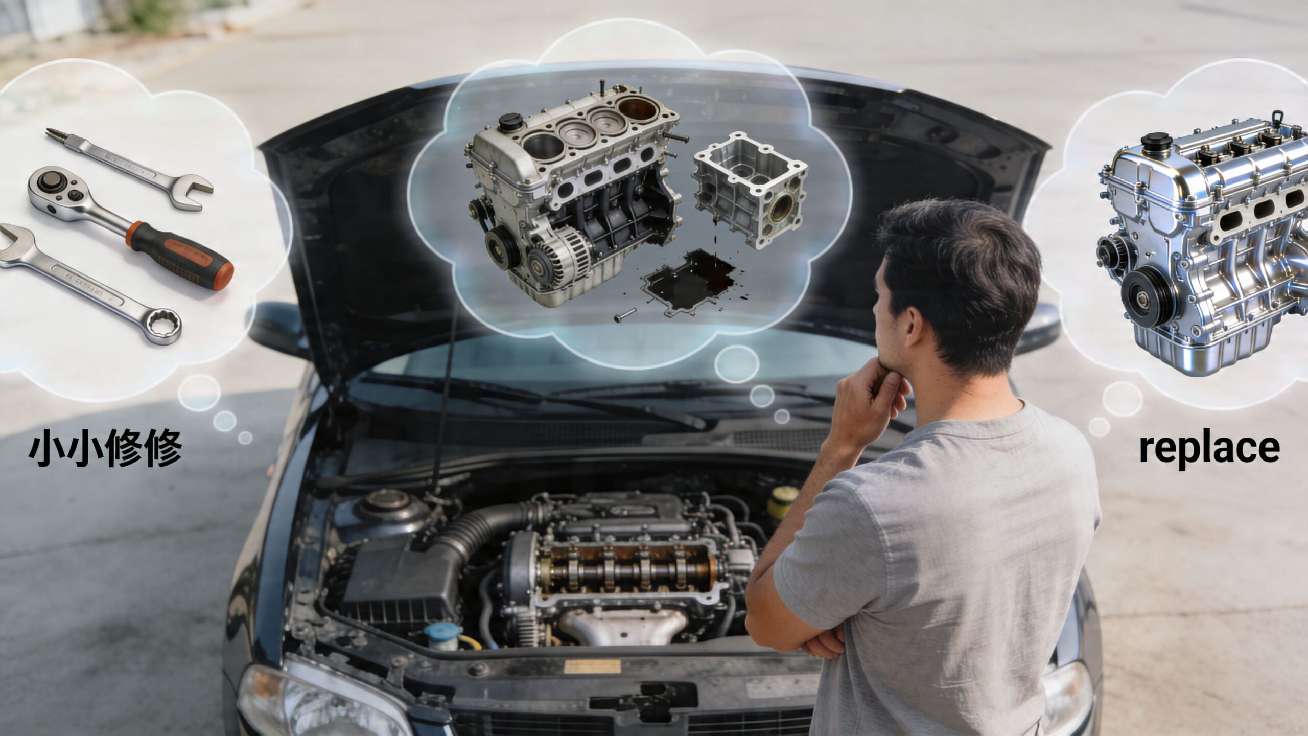 A man standing in front of an open car hood, weighing the choice between engine repairs or replacement.