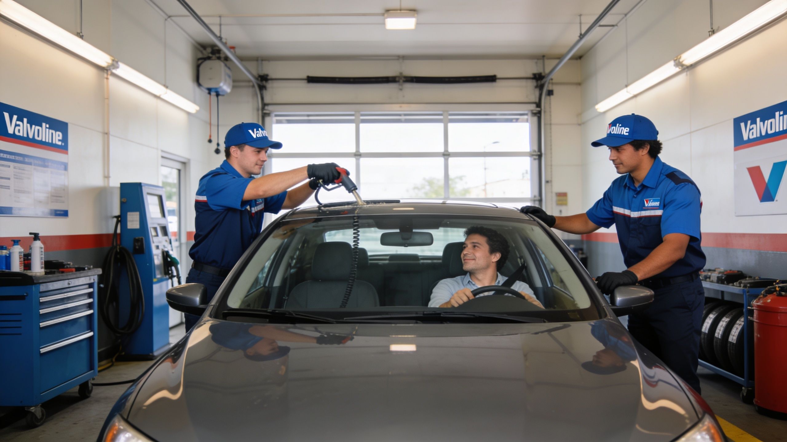 Valvoline service technicians attending to a customer in their vehicle at a professional automotive maintenance center.
