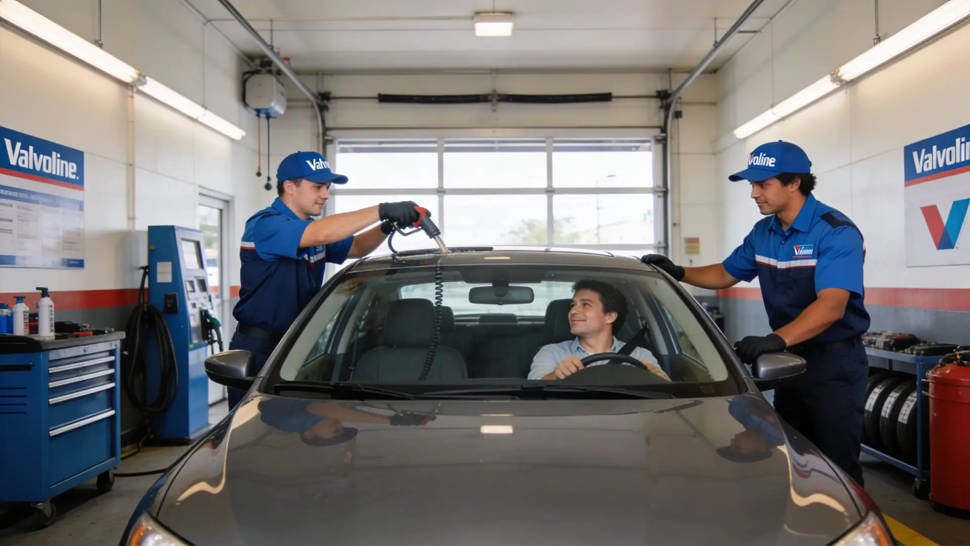 Valvoline service technicians attending to a customer in their vehicle at a professional automotive maintenance center.
