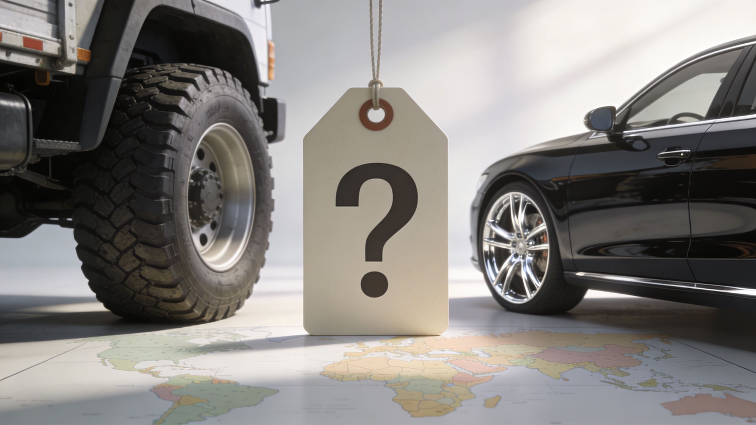A question mark price tag hangs between a large truck tire and a sleek car wheel.