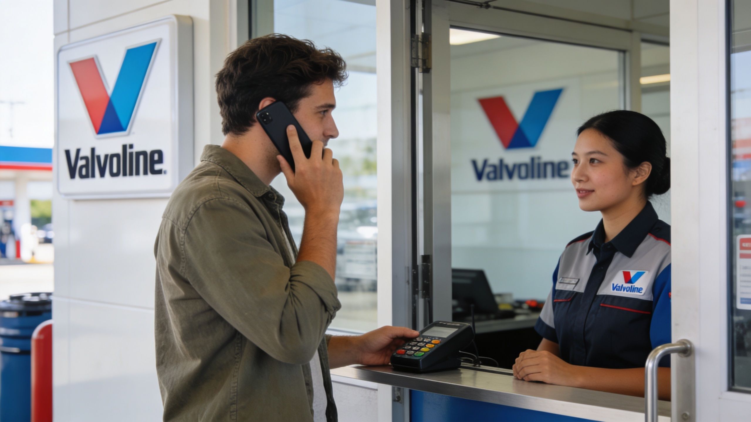 A customer talking on a smartphone while paying at a Valvoline service center counter with an employee.