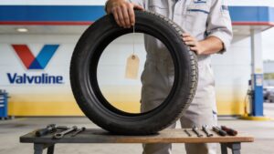 Mechanic holding car tire with tag in garage