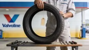 Mechanic holding car tire with tag in garage