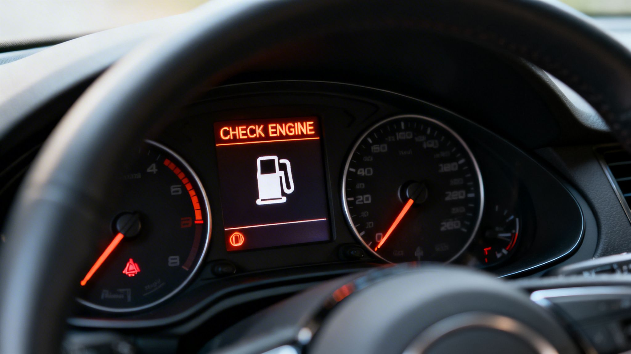 Illuminated car dashboard displaying a red 'CHECK ENGINE' warning and a white low fuel icon.
