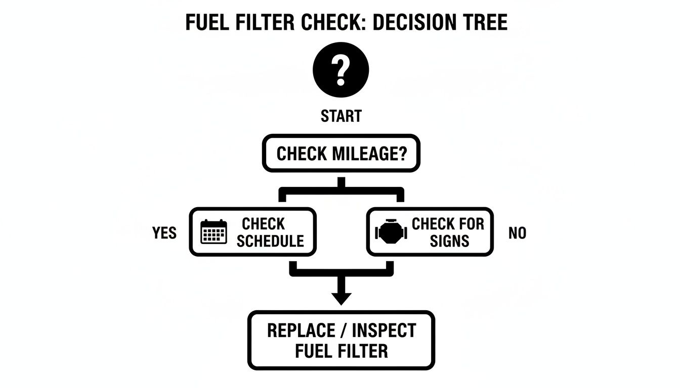 Decision tree flowchart for checking a fuel filter, detailing steps like mileage, schedule, and signs.