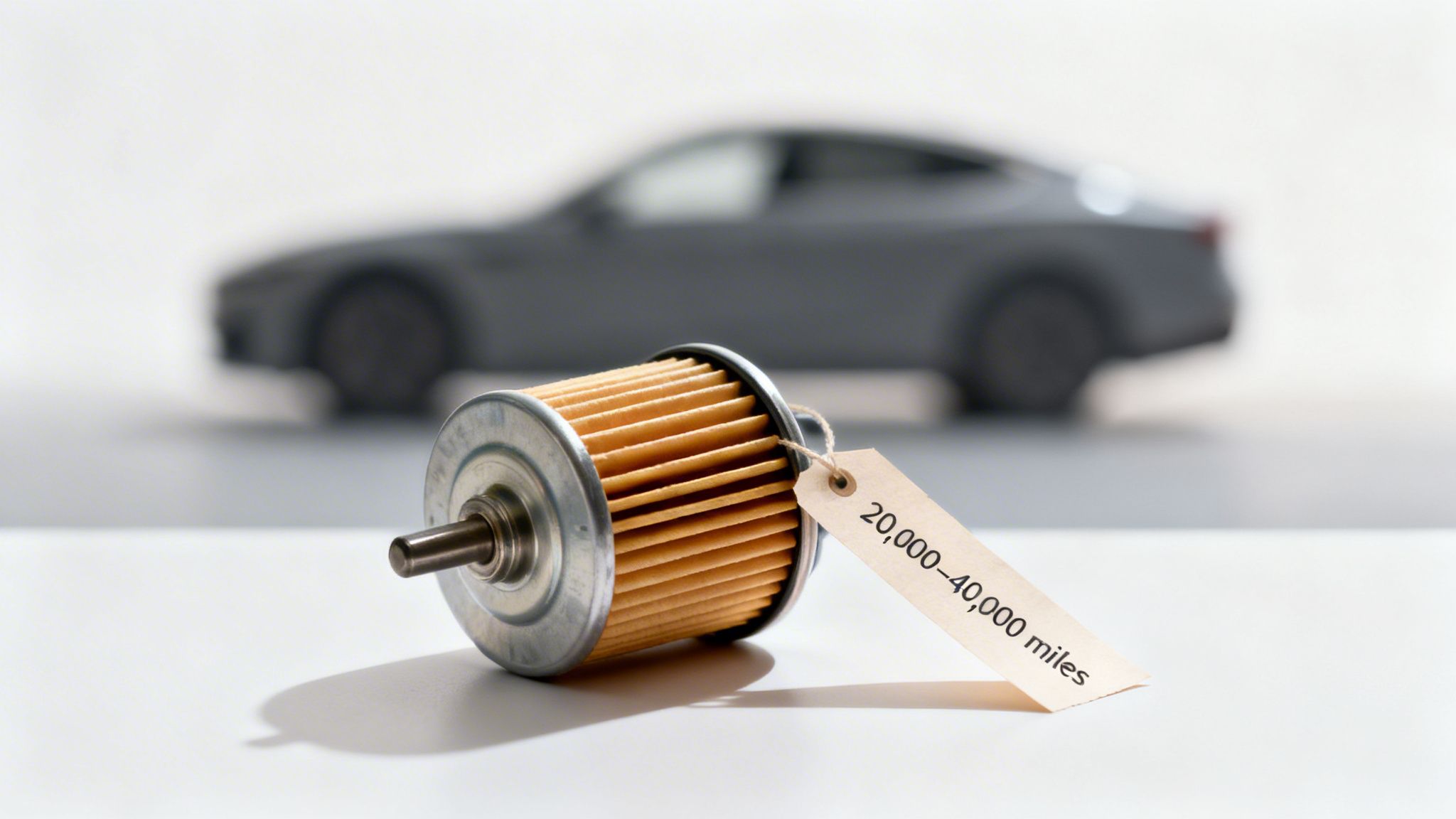 A car fuel filter with a tag indicating a 20,000-40,000 miles replacement interval, with a blurred car.