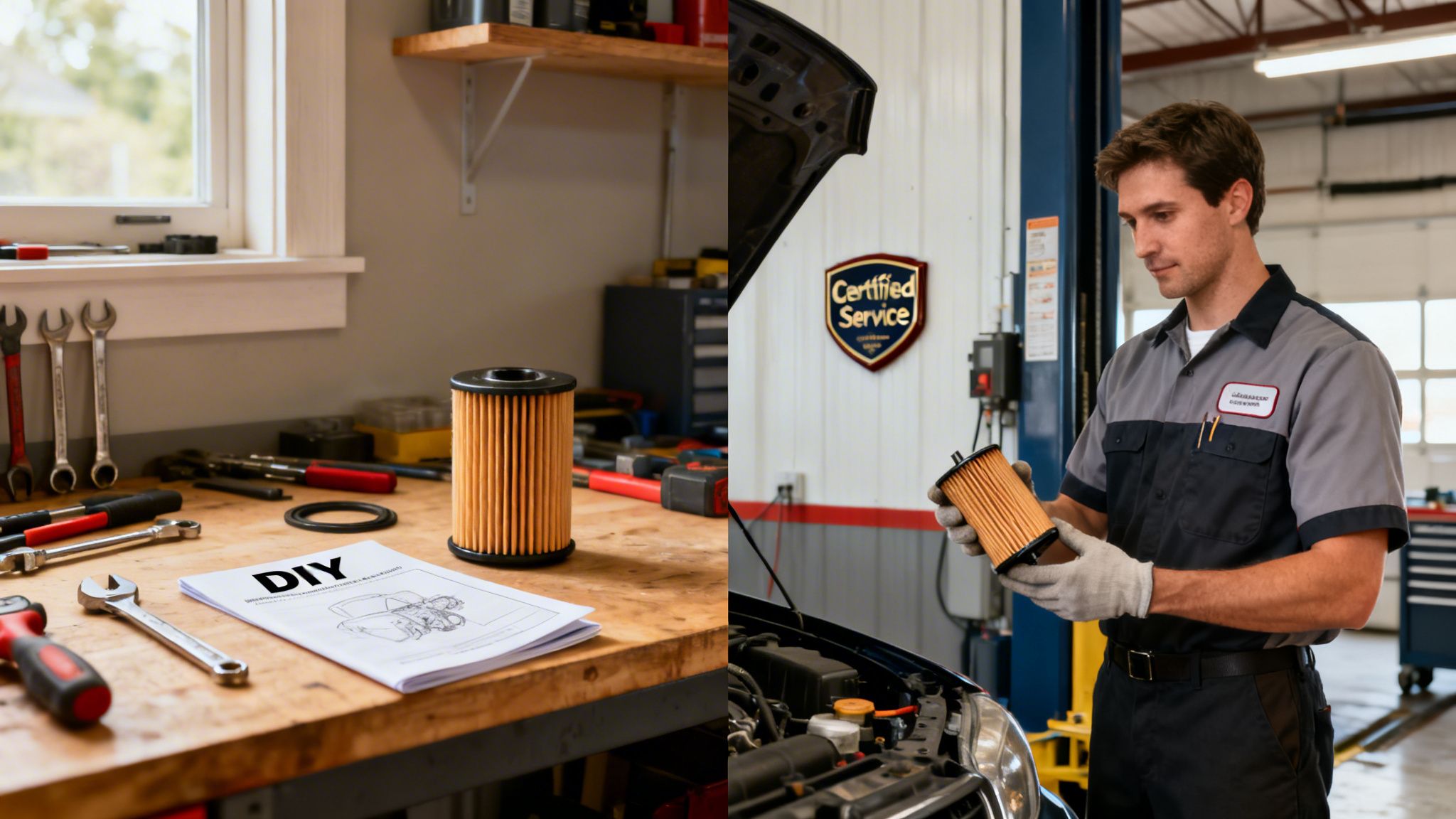 A split image showing a DIY oil filter change setup and a professional mechanic servicing a car.