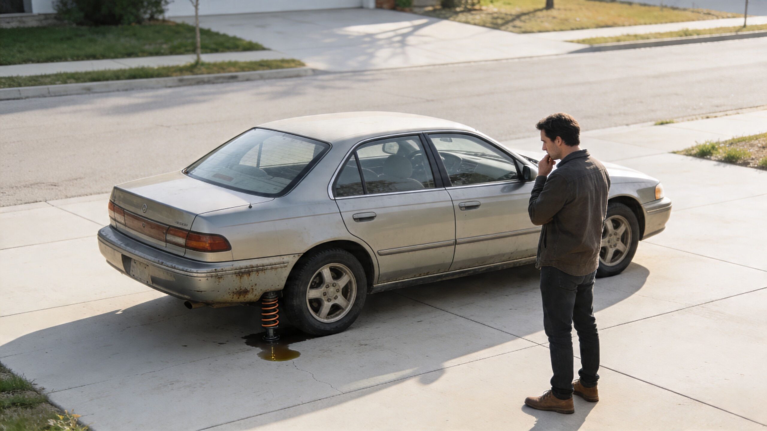 A man looking thoughtfully at a silver car with a broken suspension strut leaking fluid on pavement.