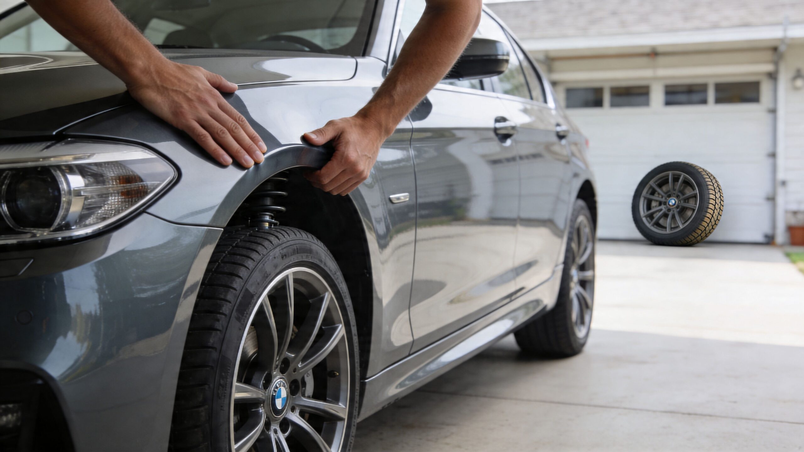 A mechanic inspecting the suspension struts of a grey BMW car in a driveway.