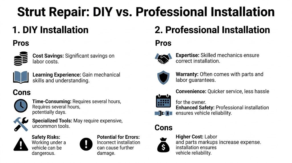 A comparison infographic showing the pros and cons of DIY strut repair versus professional installation services.
