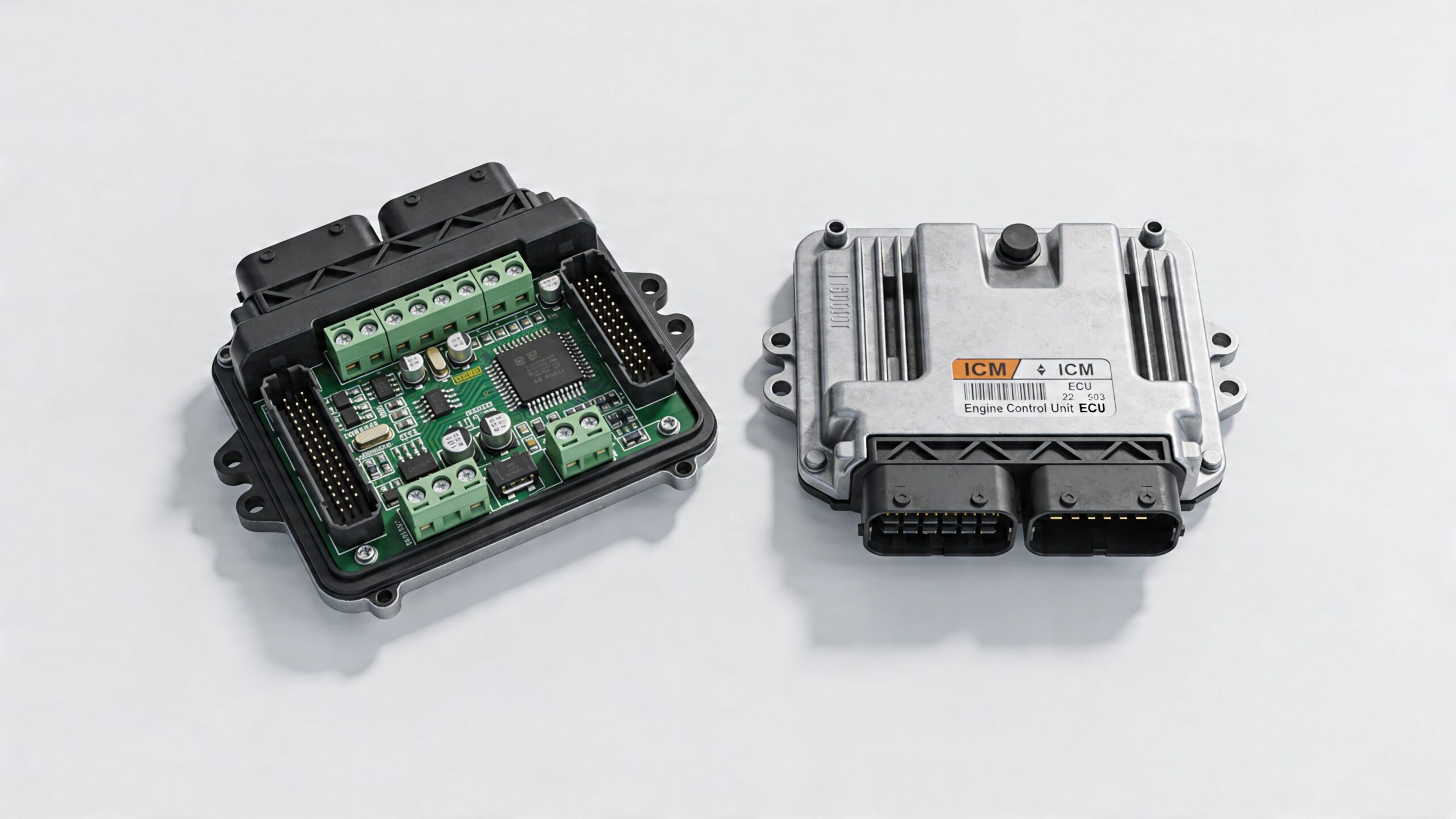 Two engine control unit modules, one with exposed green circuitry and one enclosed in a metal casing.
