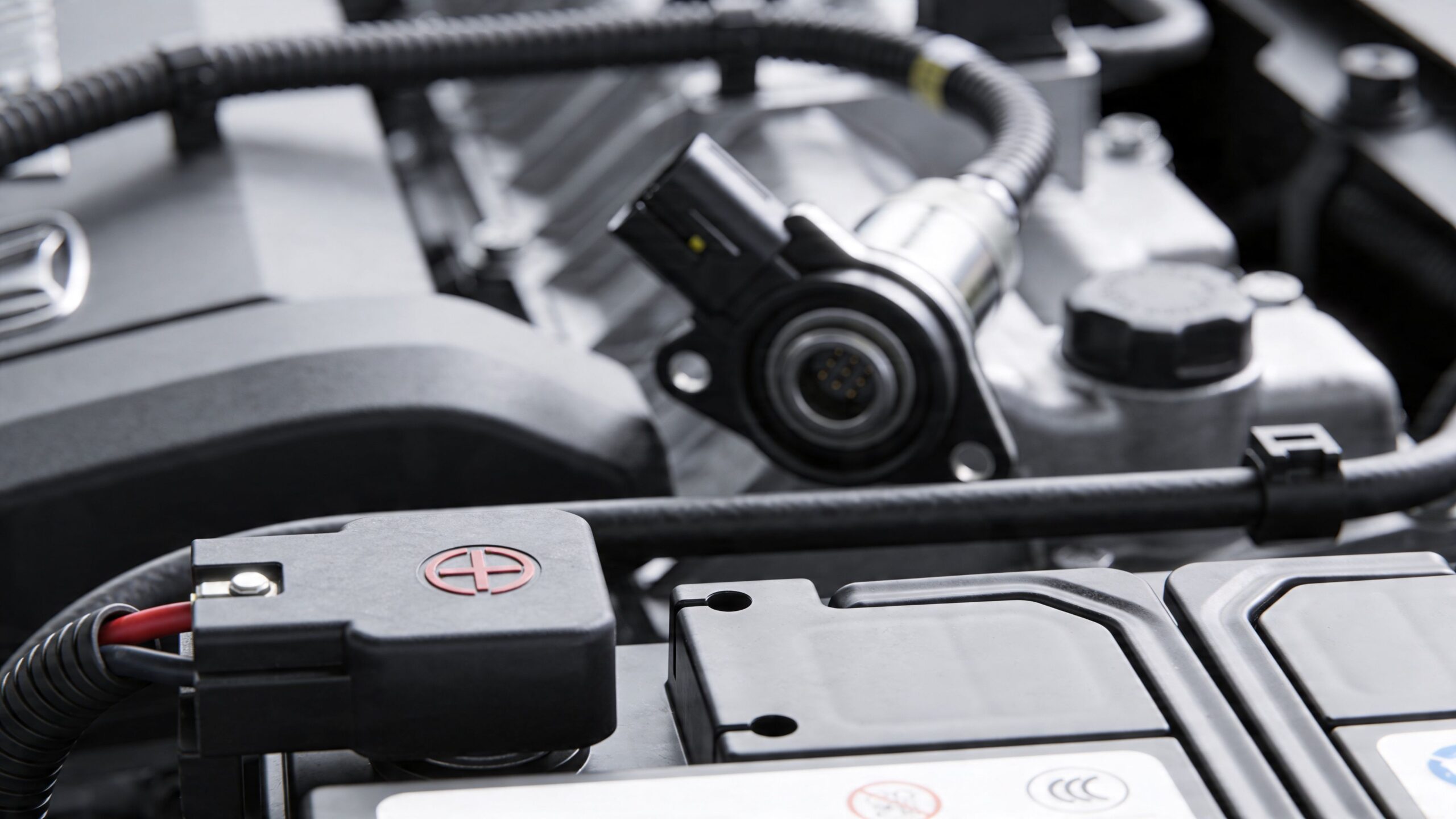 A close-up view of a car engine bay highlighting the positive battery terminal and ignition components.