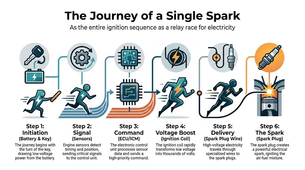An infographic showing the journey of a spark through an automotive ignition system in six numbered steps.