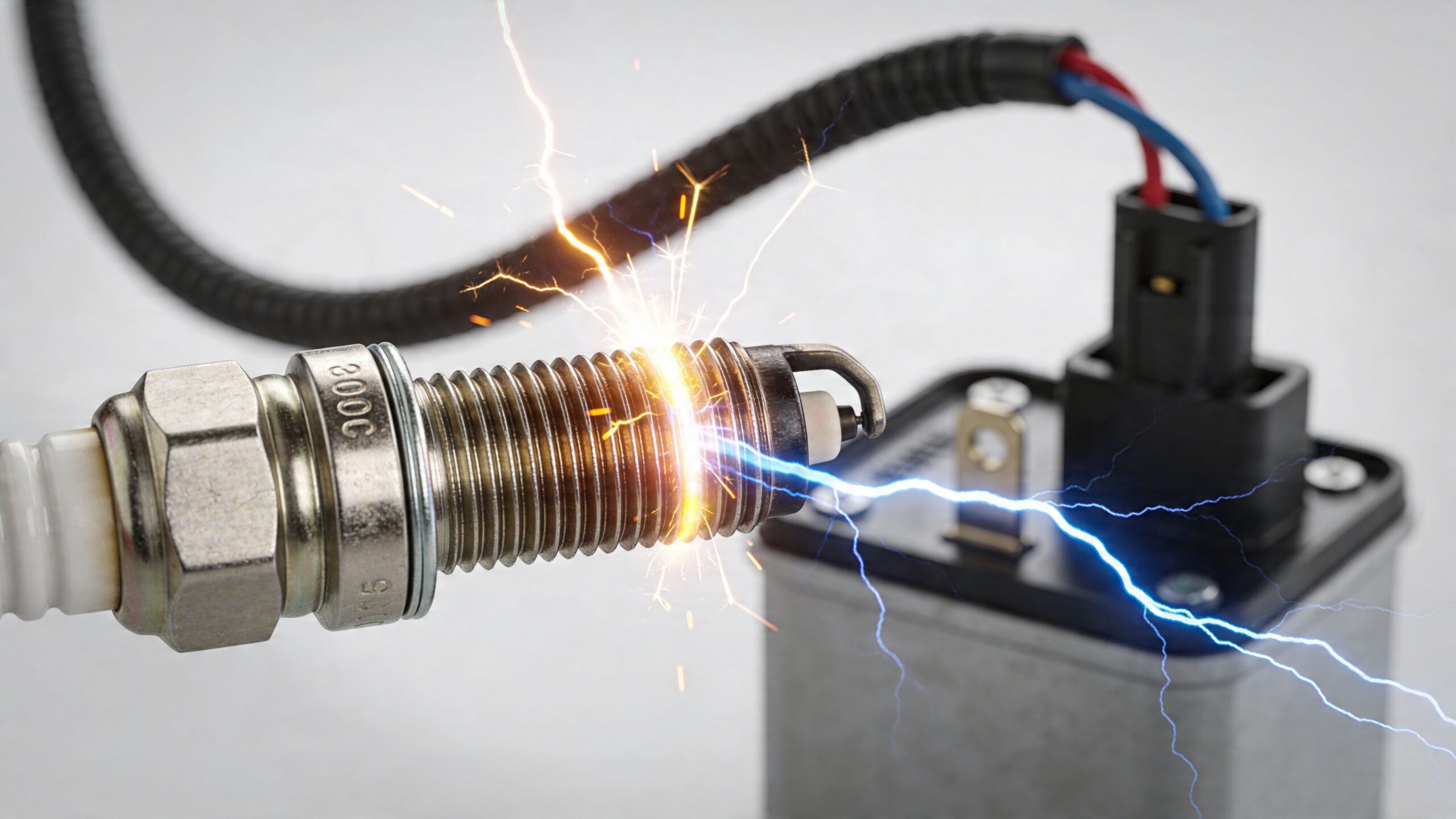 A close-up view of a metal automotive spark plug creating an electrical arc next to a relay component.