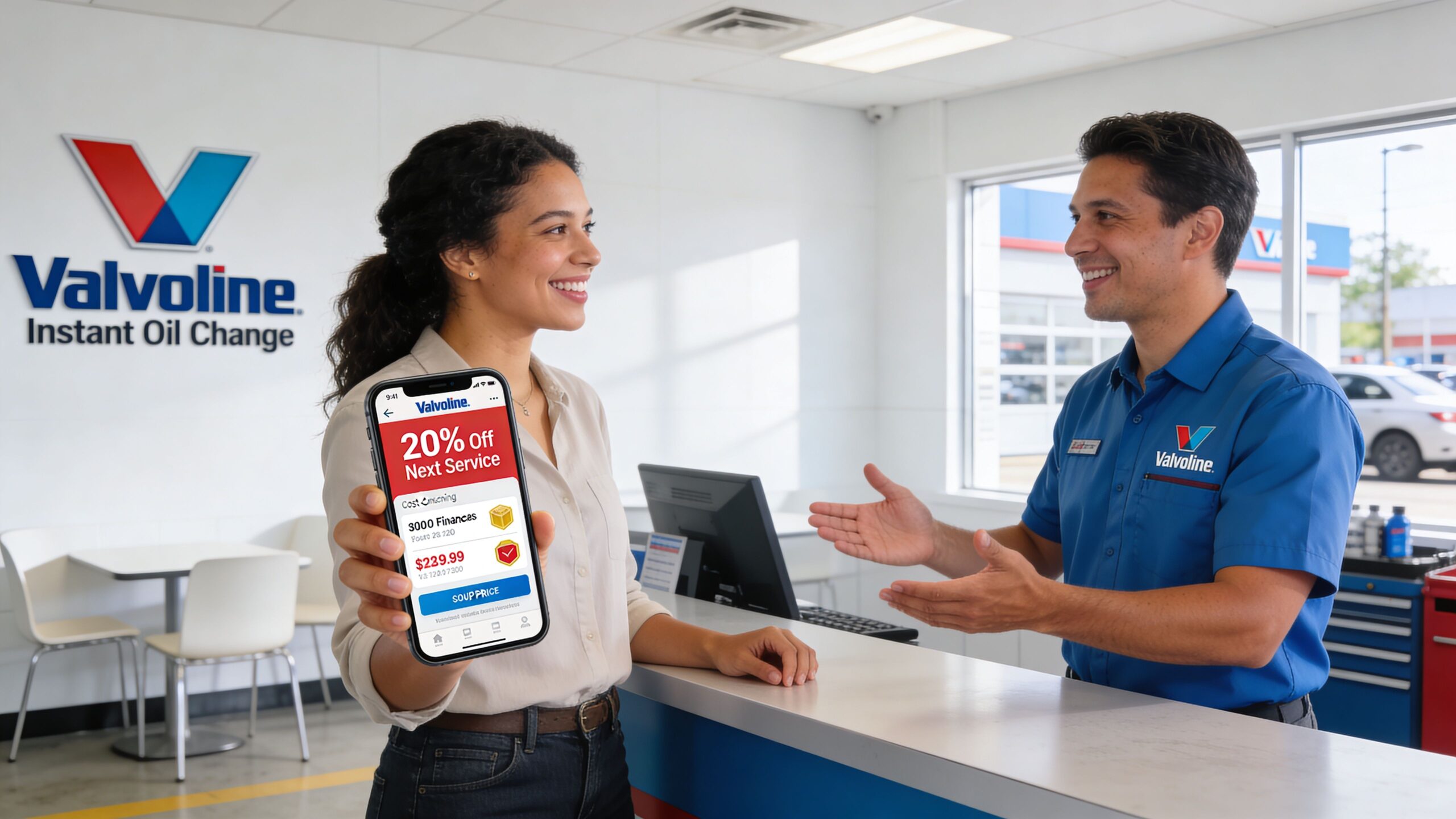 A female customer smiles while showing a Valvoline mobile app with a discount to a service employee.